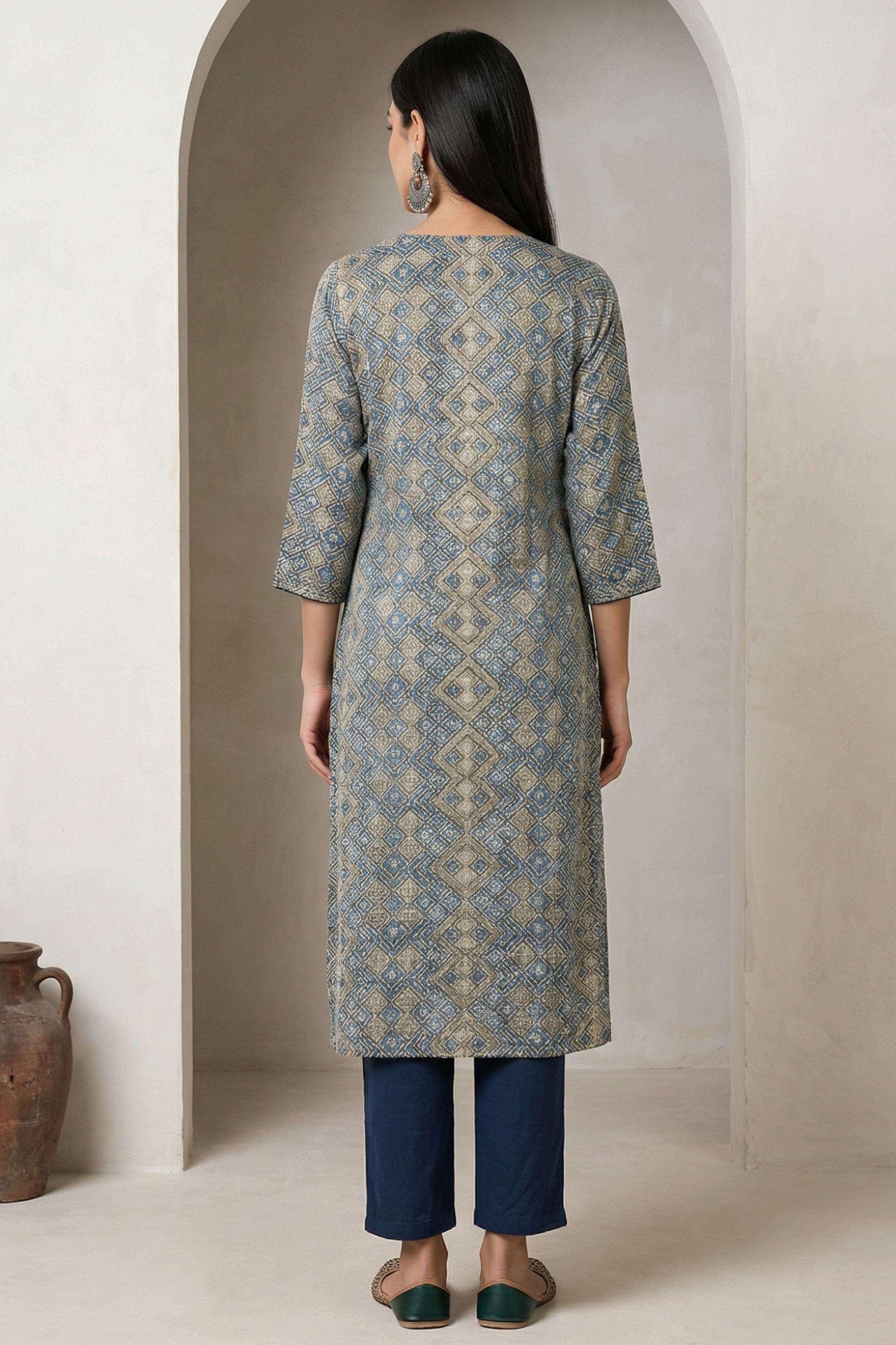 Geometric-Print-Blended-Fabric-Round-Neck-Women-Kurta