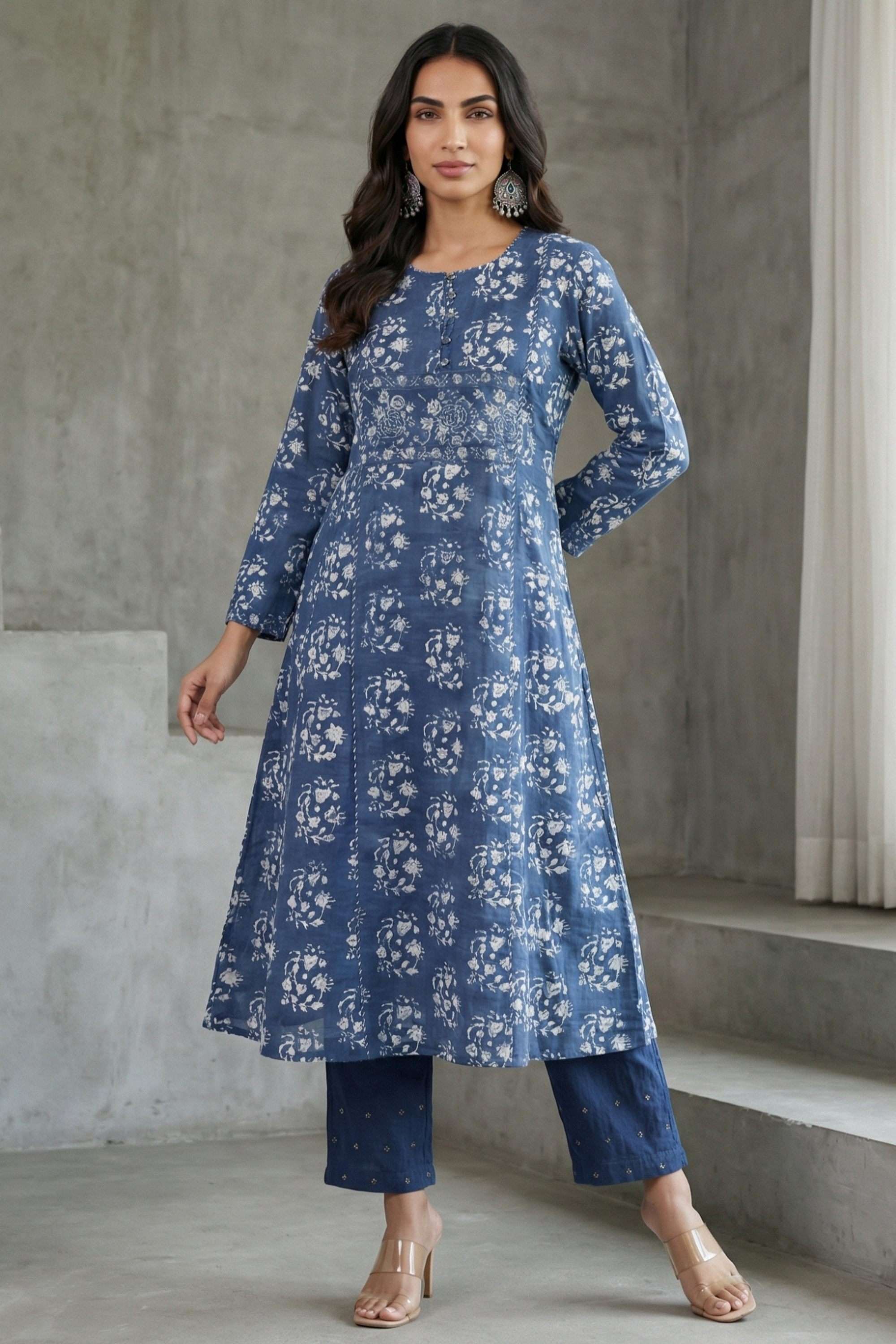 Floral-Cotton-Blend-Henley-Women-s-Casual-Wear-Kurta