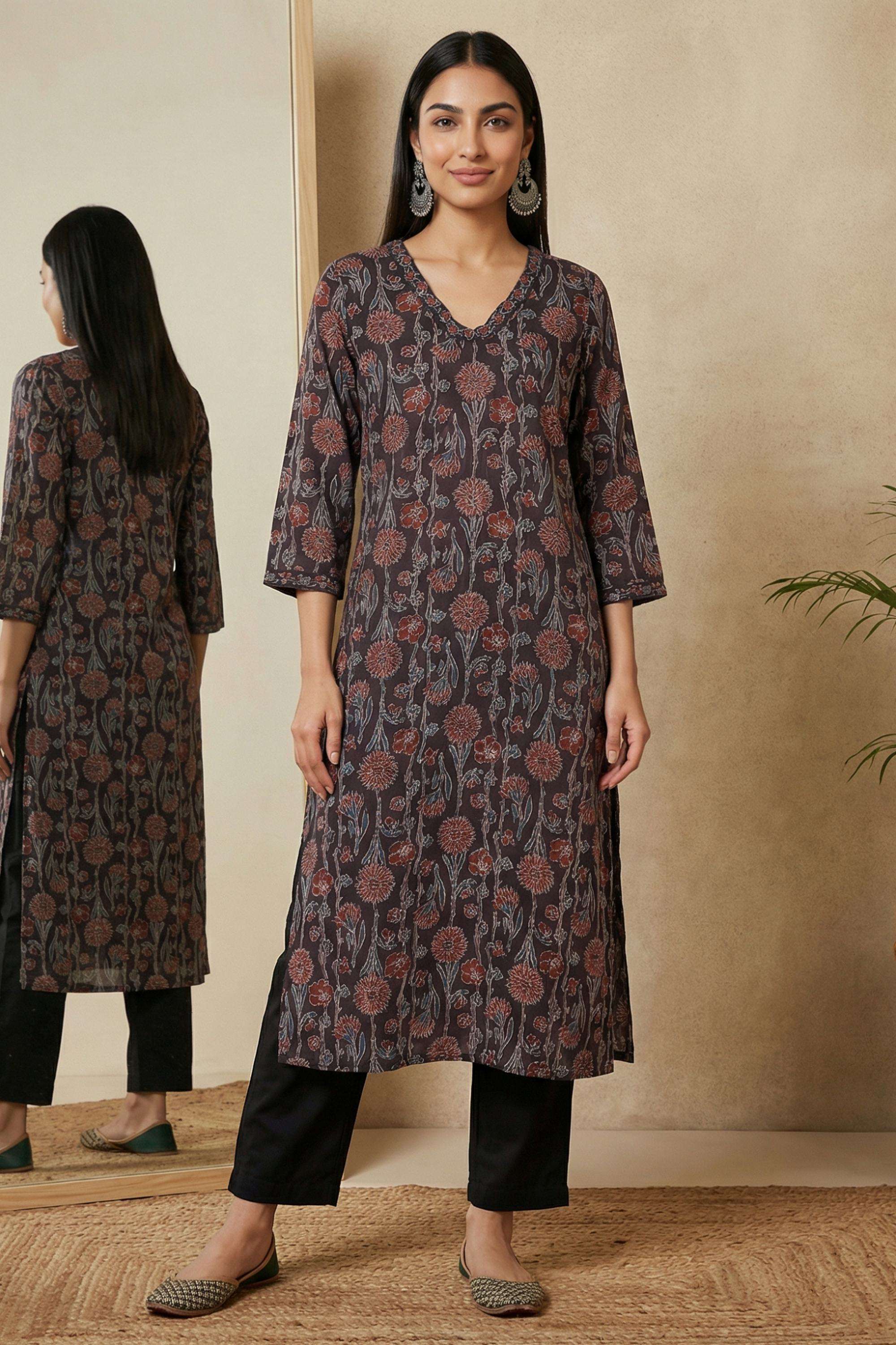 Floral-Blended-Fabric-V-Neck-Women-Kurta