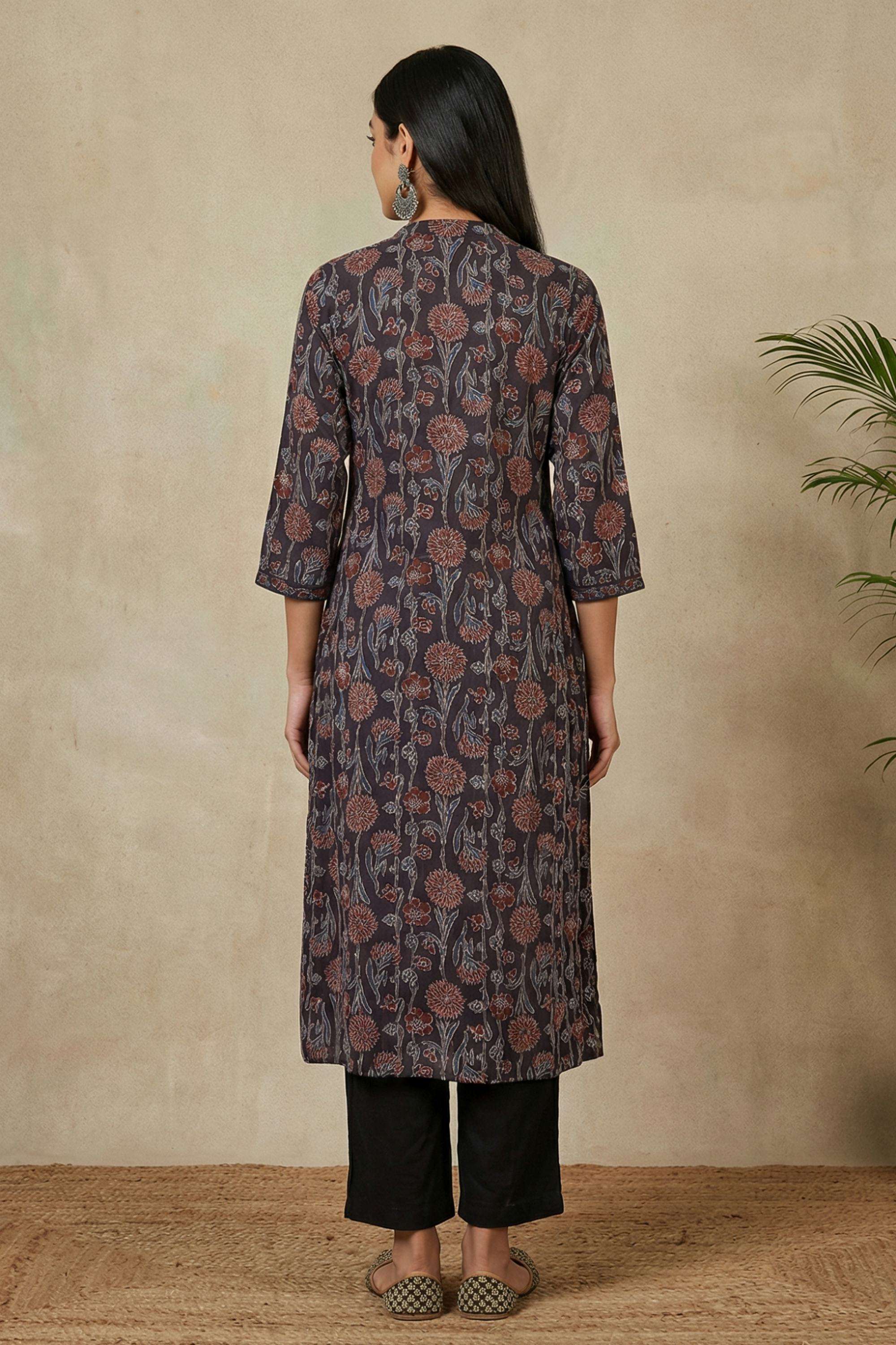 Floral-Blended-Fabric-V-Neck-Women-Kurta