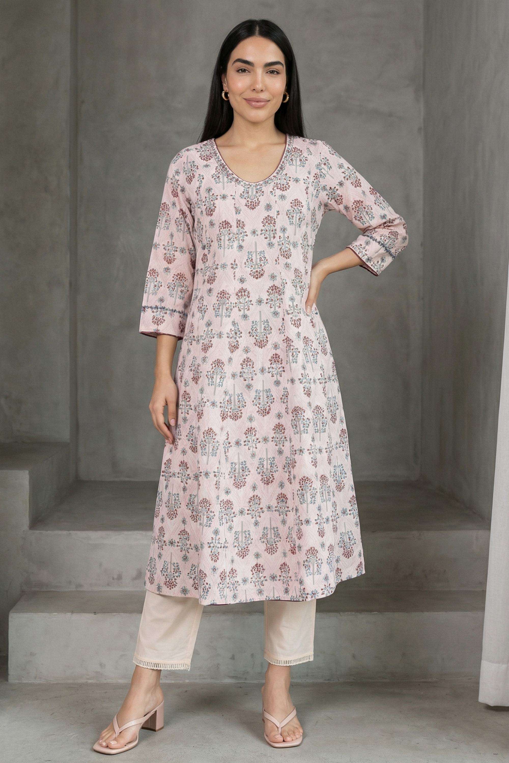 Floral-Blended-Fabric-U-Neck-Women-Kurta