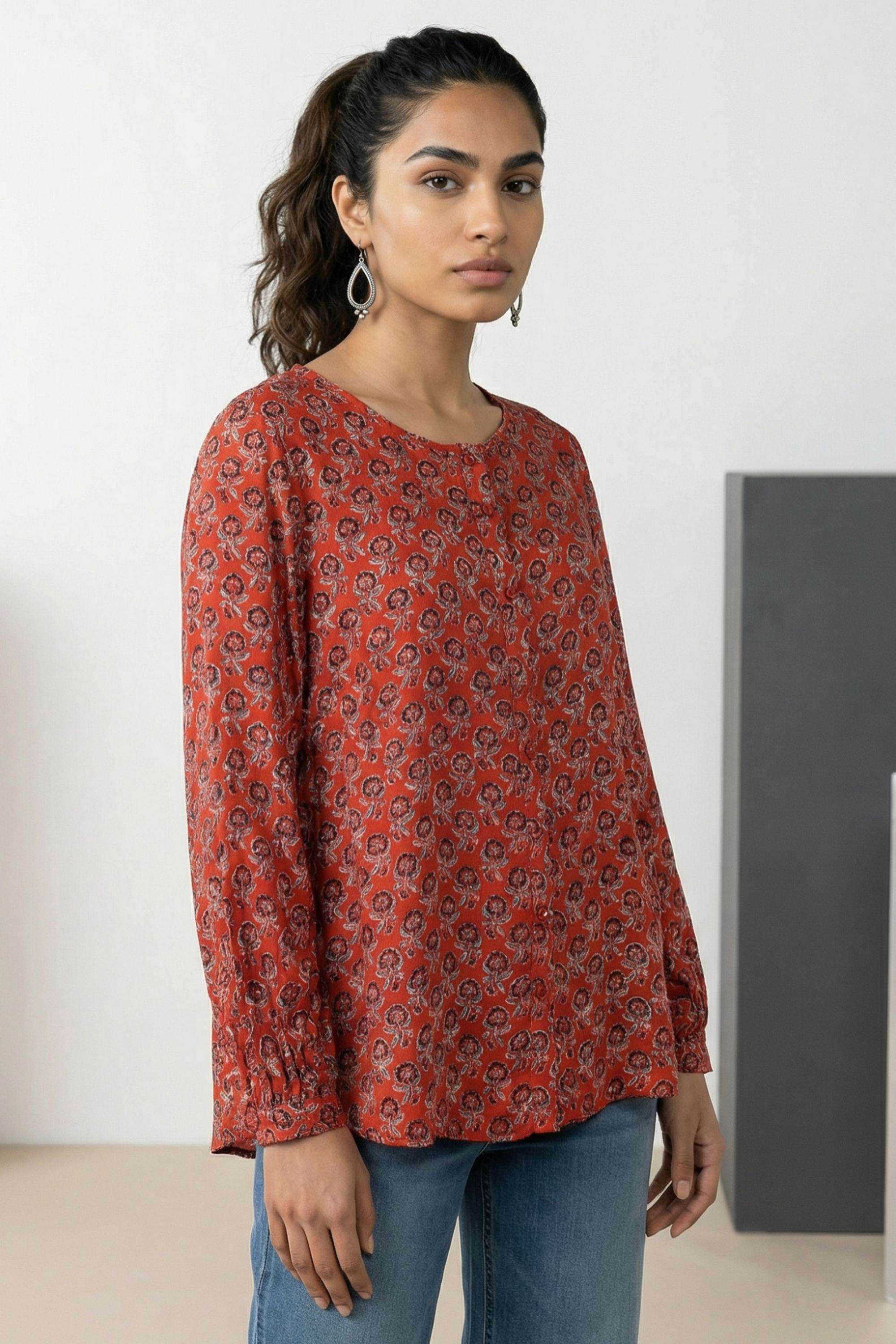 Printed-Satin-Round-Neck-Women-s-Top