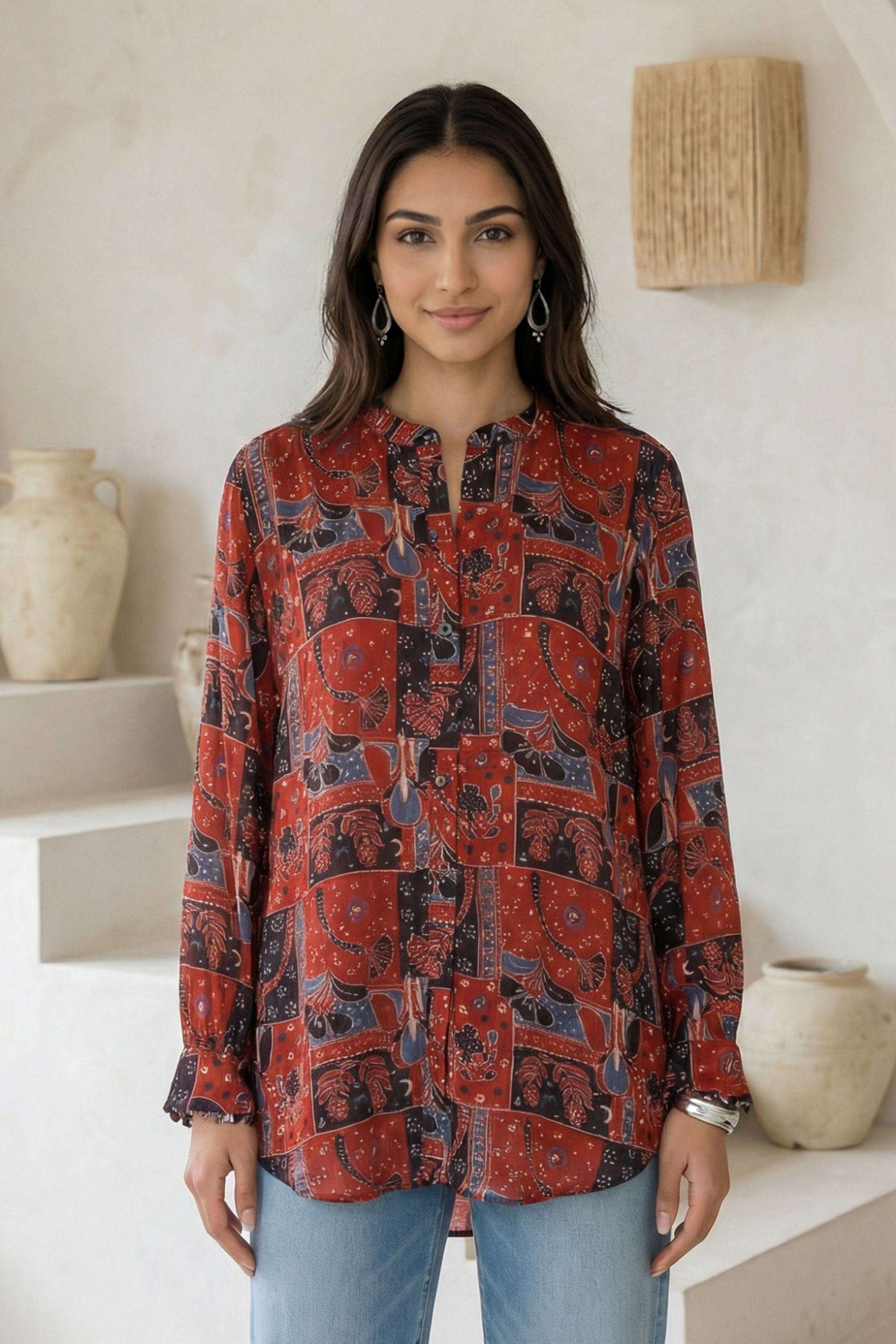 Abstract-Satin-Round-Neck-Women-s-Top