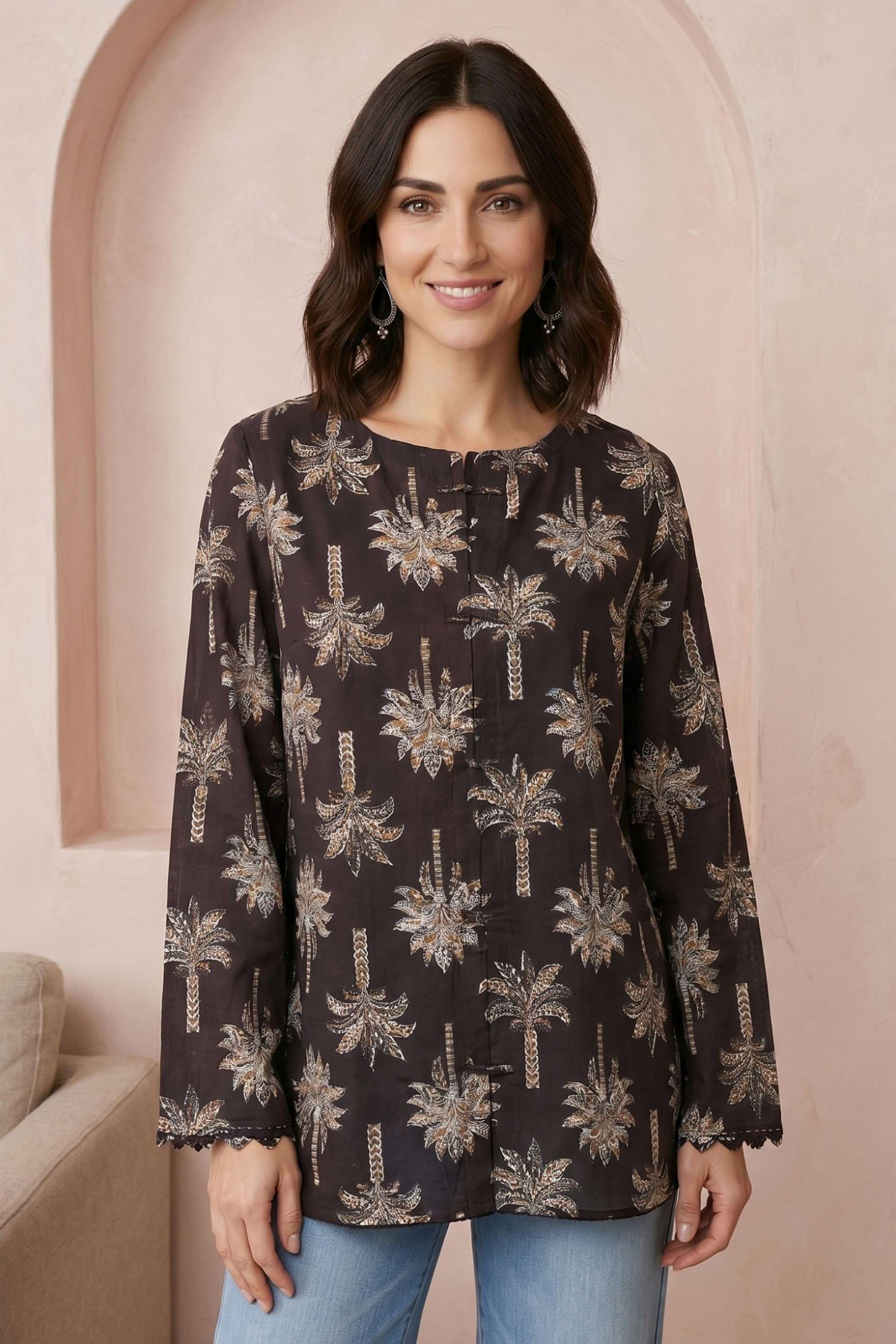 folksong Tropical Cotton Blend Round Neck Women's Top-picture-21