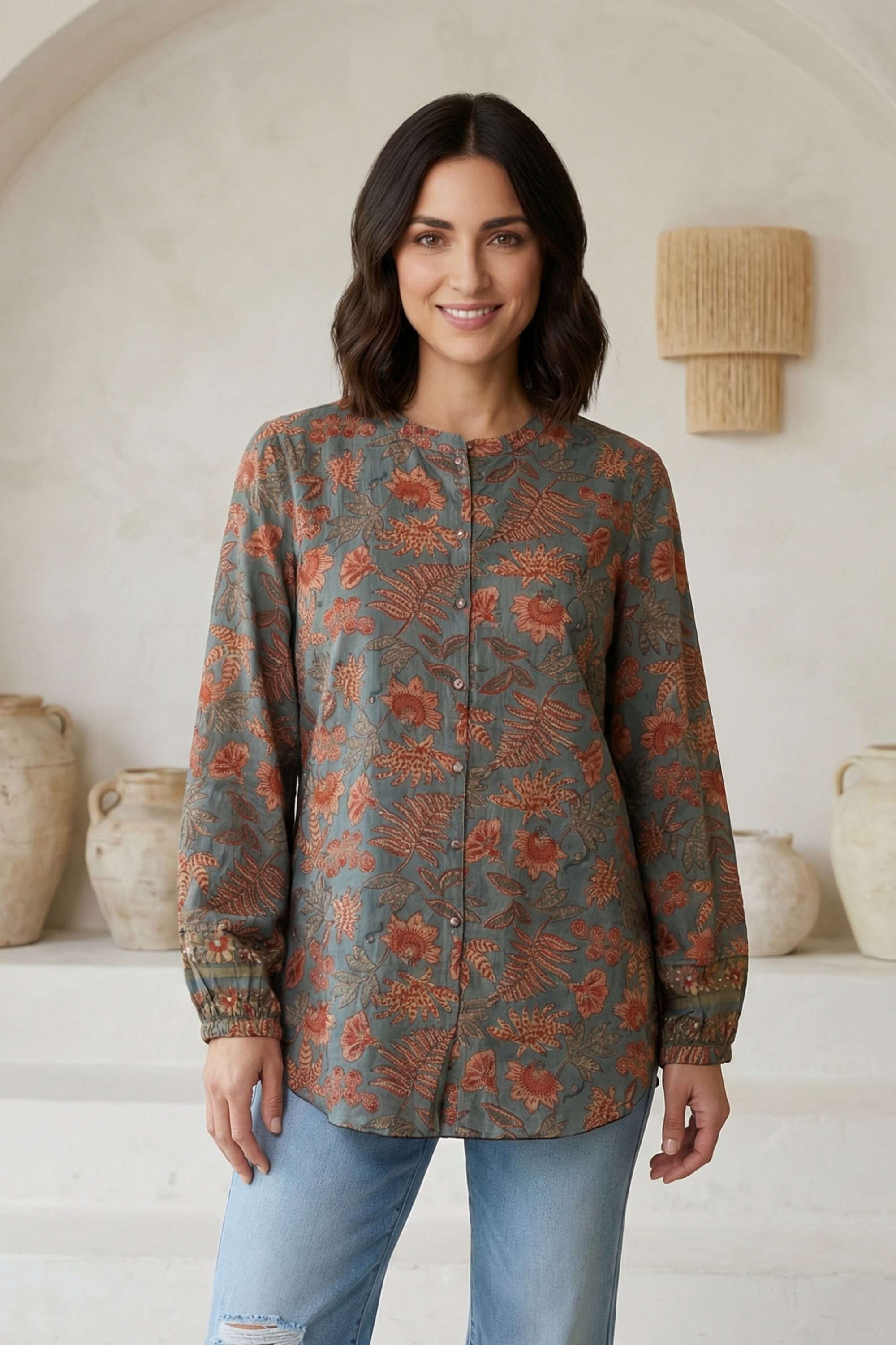 Printed-Blended-Fabric-Round-Neck-Women-s-Top