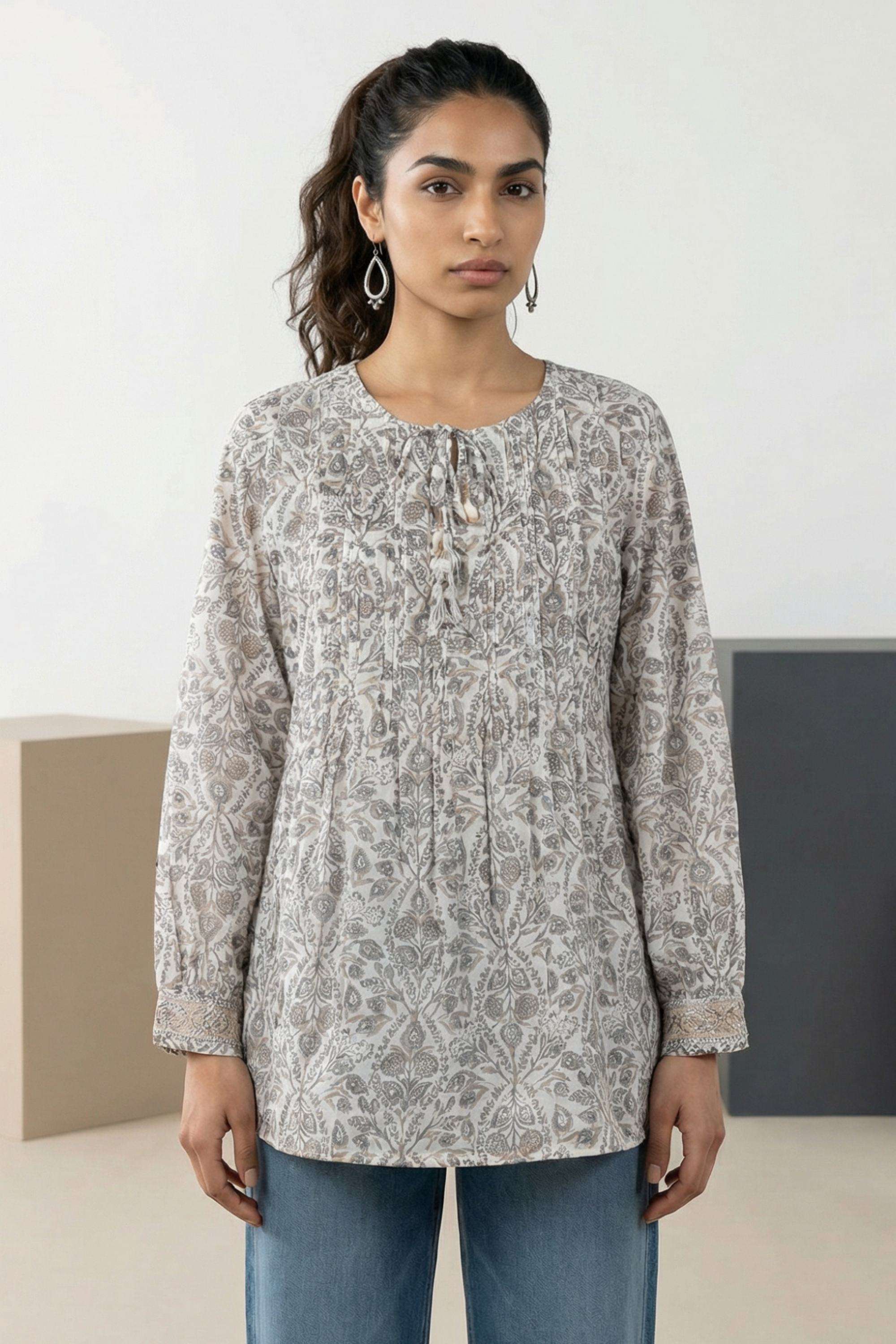 Printed-Cotton-Tie-Up-Neck-Women-s-Top