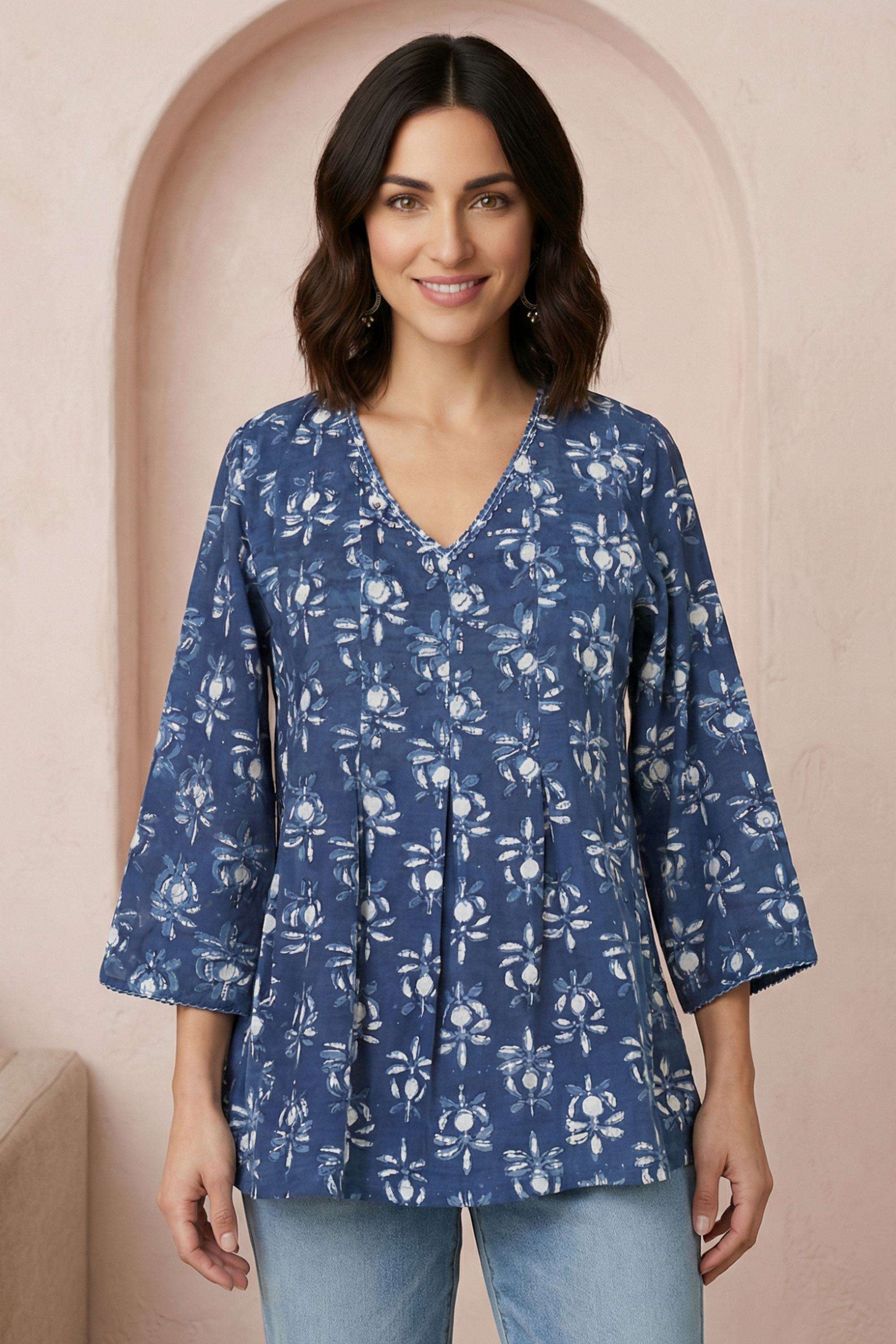 Block-Print-Blended-Fabric-V-Neck-Women-s-Top