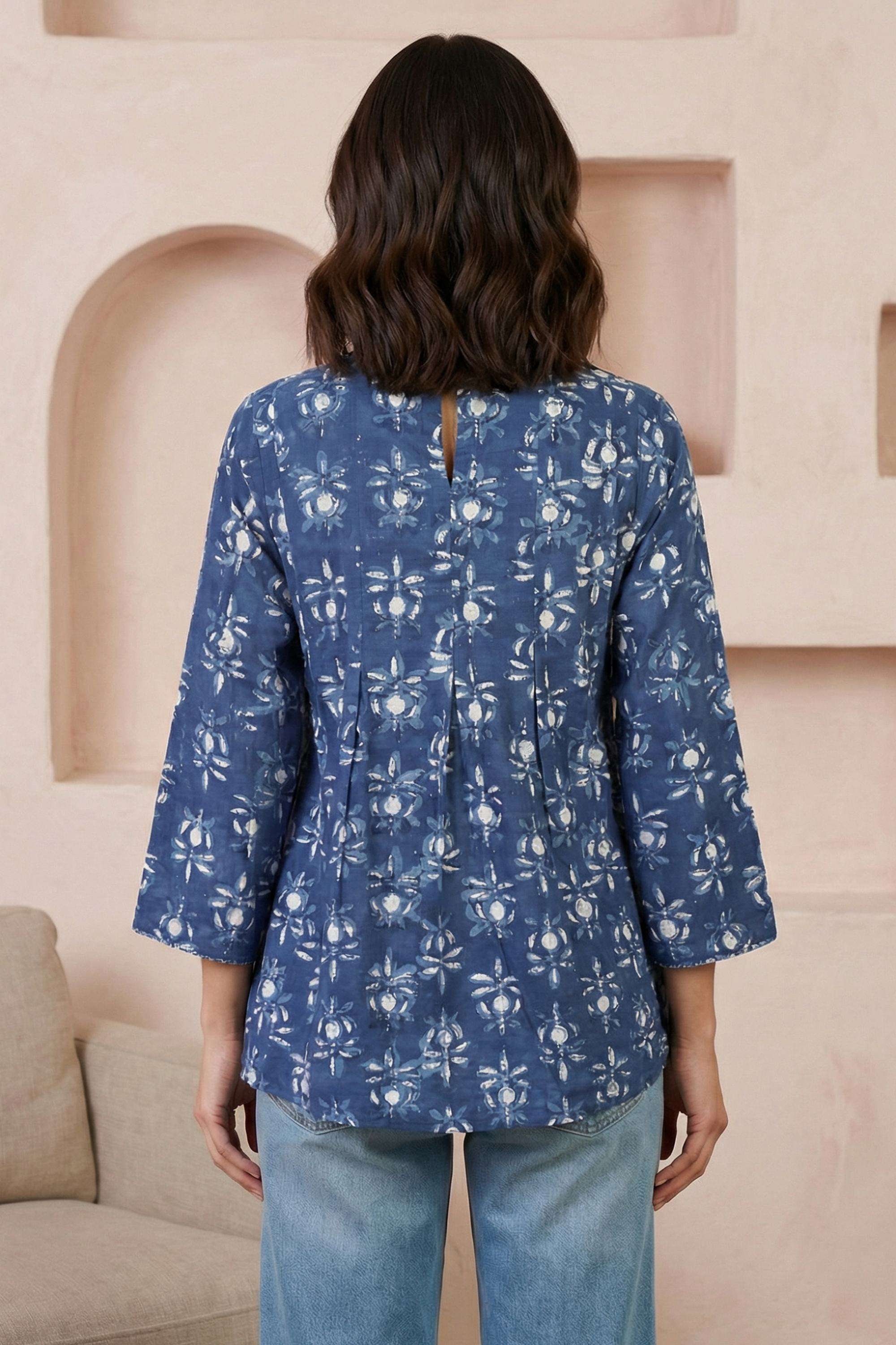 Block-Print-Blended-Fabric-V-Neck-Women-s-Top