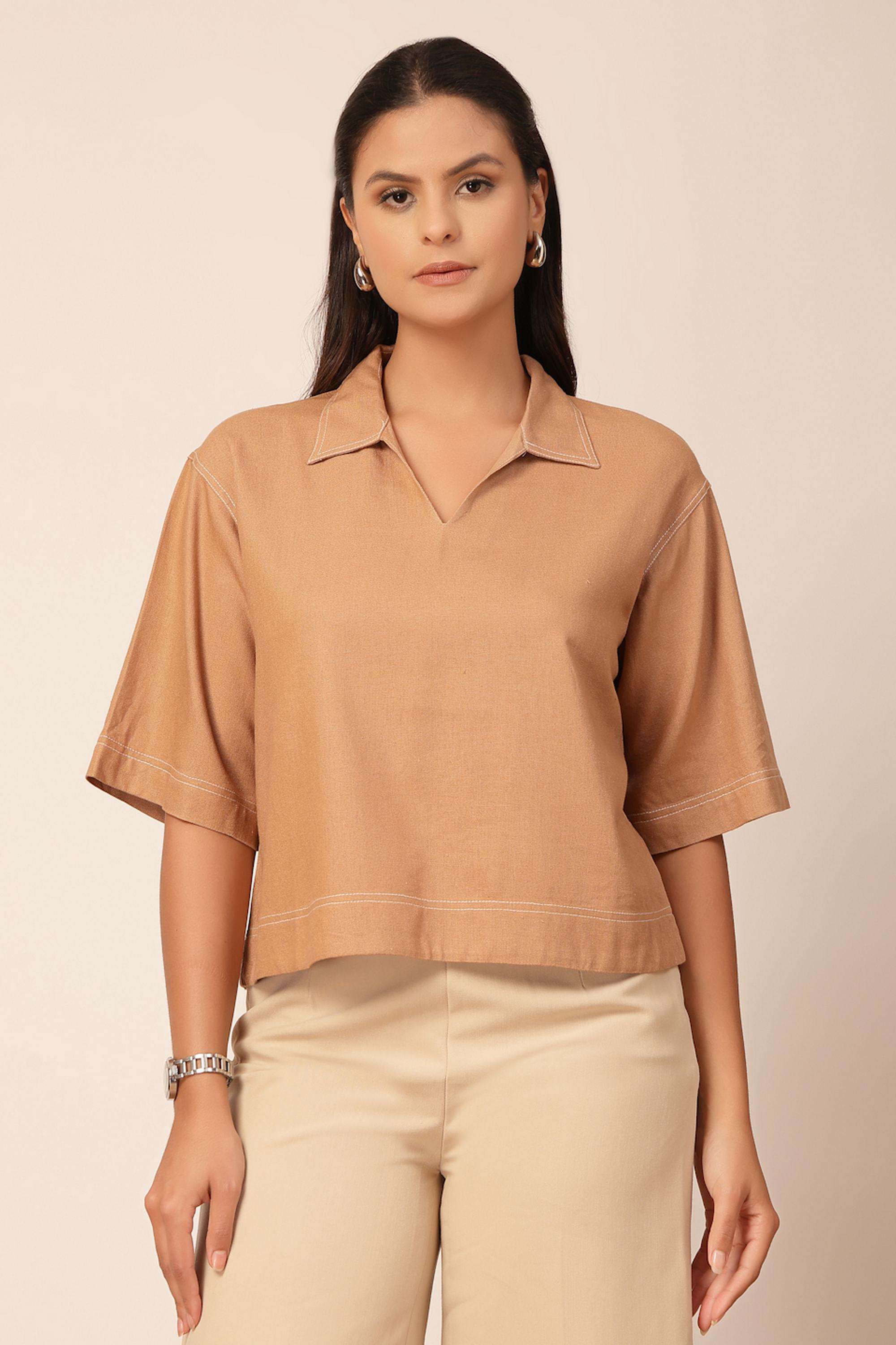 Solid-Linen-Collared-Women-s-Top