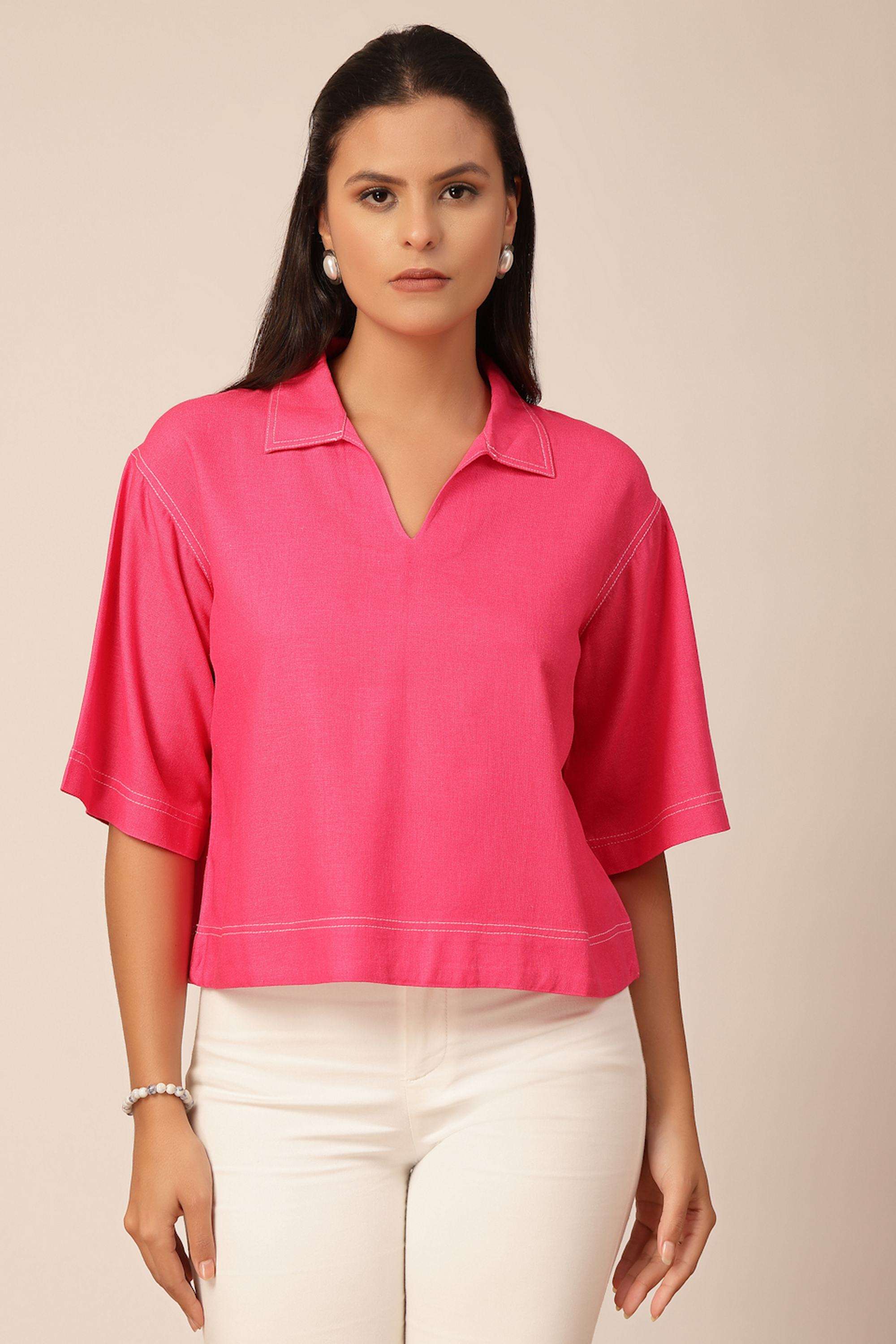 Solid-Linen-Collared-Women-s-Top