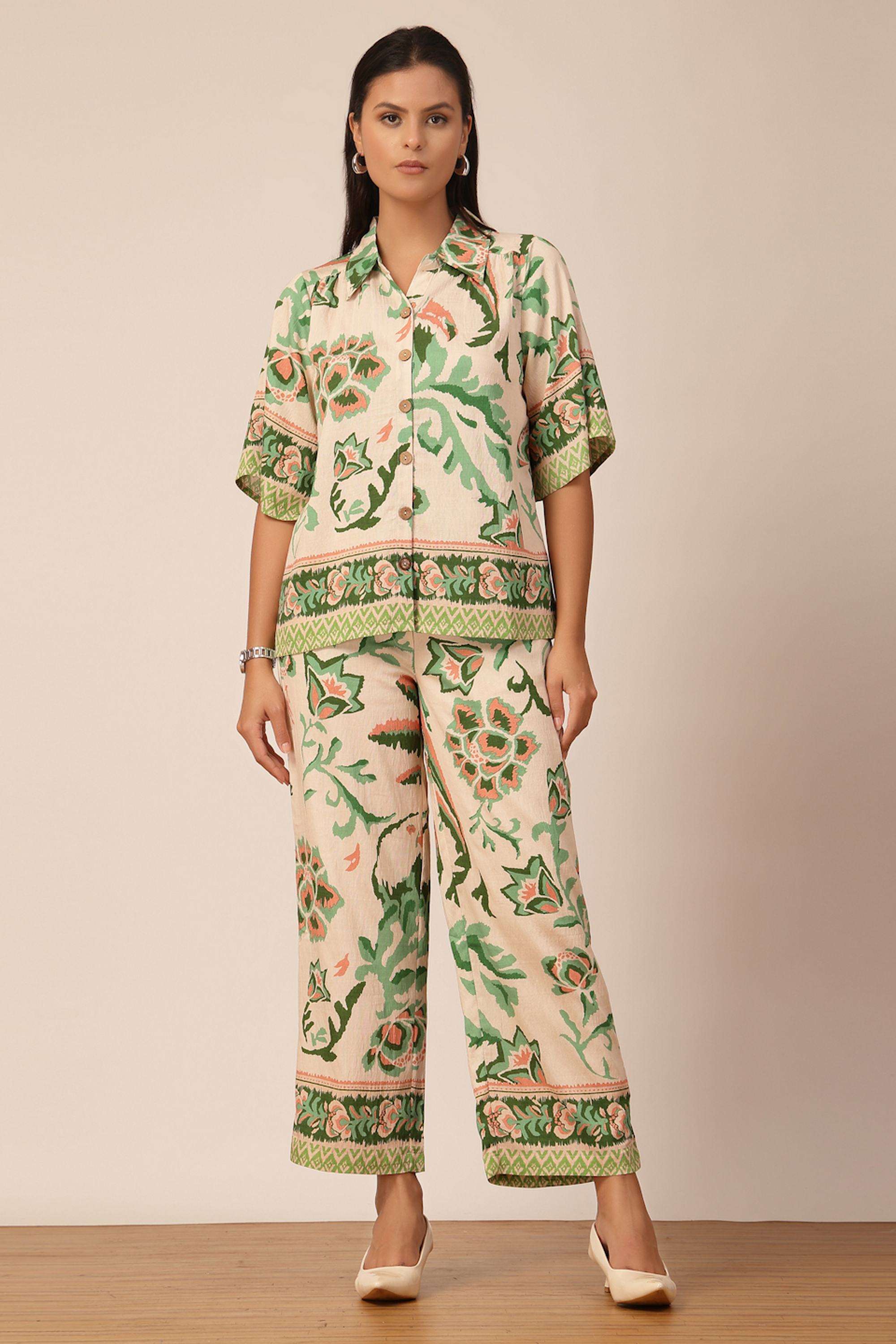 Printed-Collared-Blended-Fabric-Women-s-Co-Ord-Set