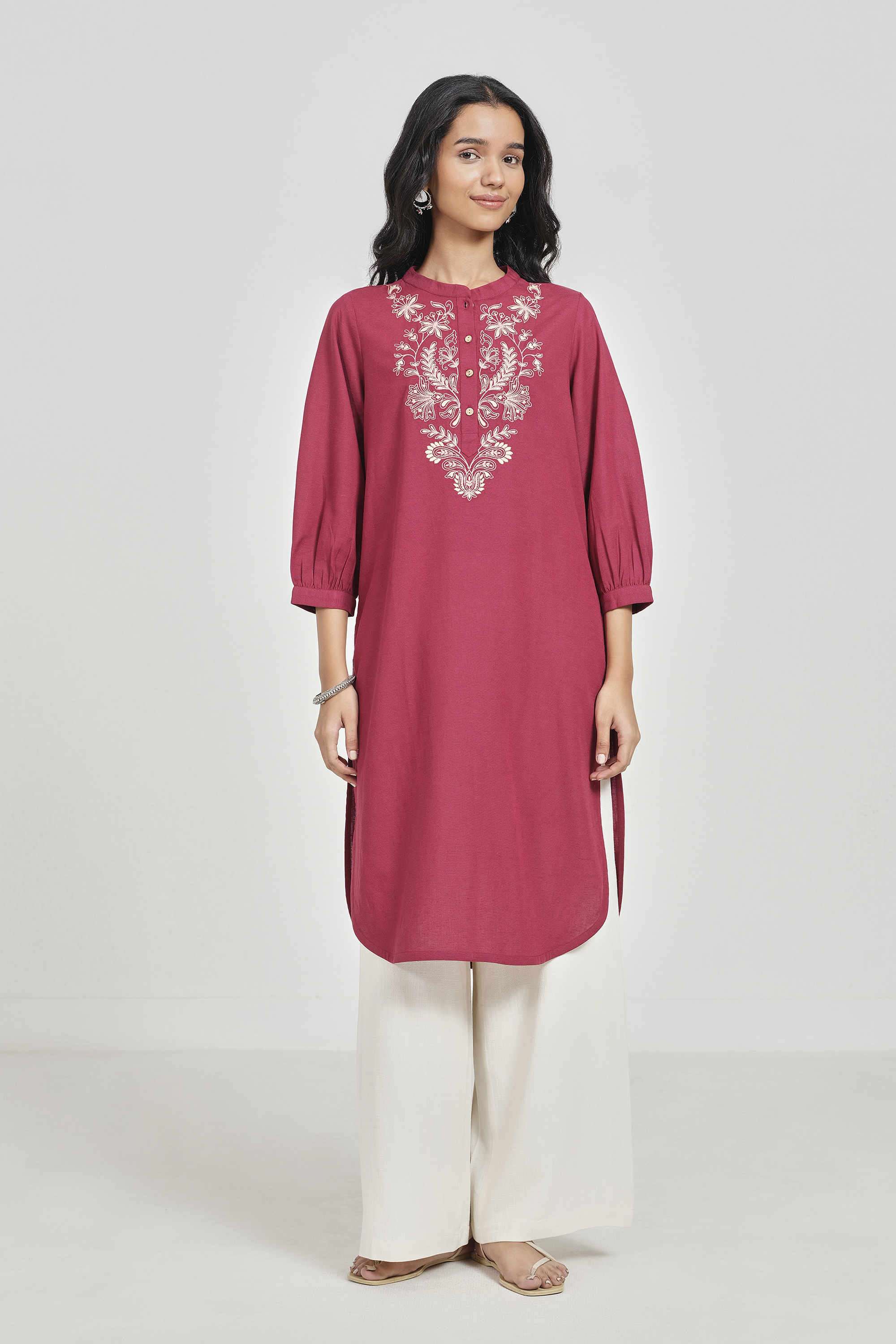 Embroidered-Rayon-Collared-Women-Kurta
