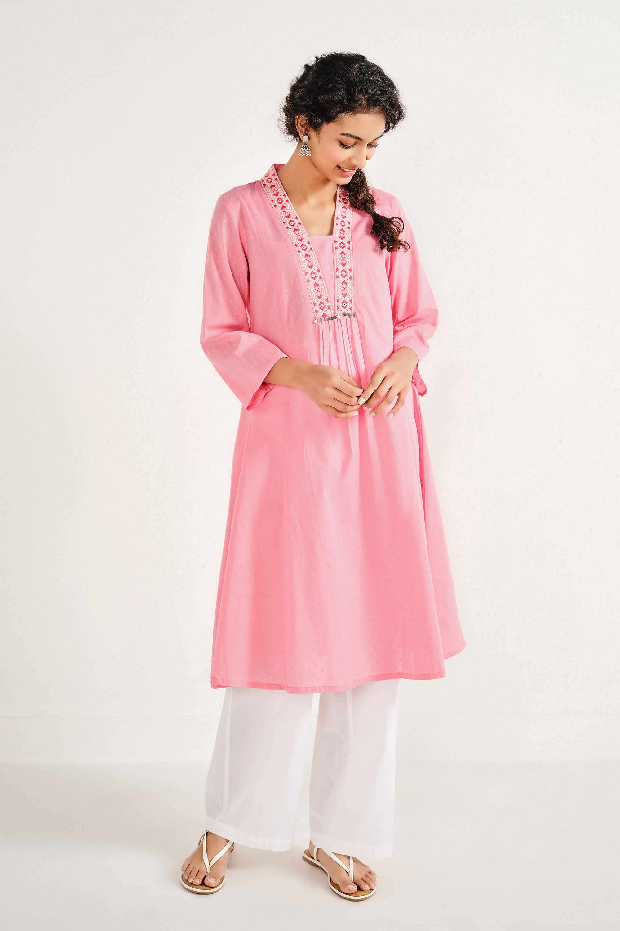 Solid-Cotton-V-Neck-Women-s-Casual-Wear-Kurta