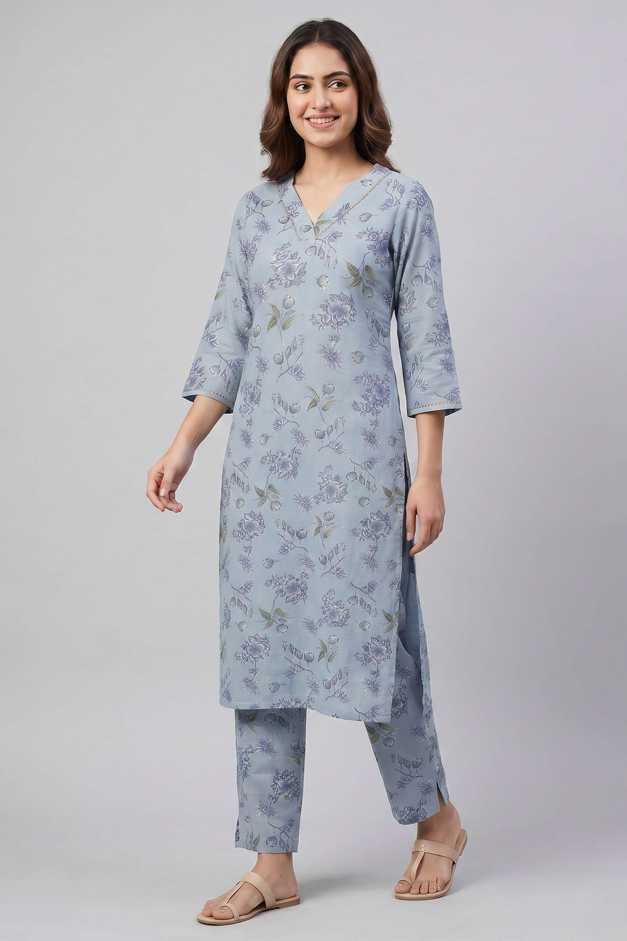 intune Printed Y-Neck Calf Length Chanderi Women Co-Ord Set-picture-20