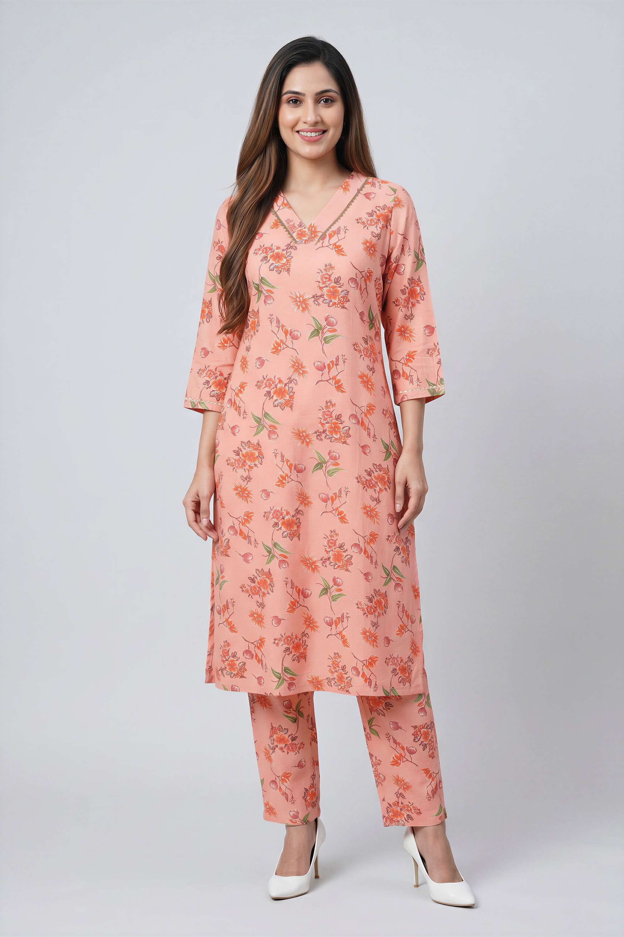 intune Printed V-Neck Calf Length Chanderi Women Co-Ord Set-picture-25