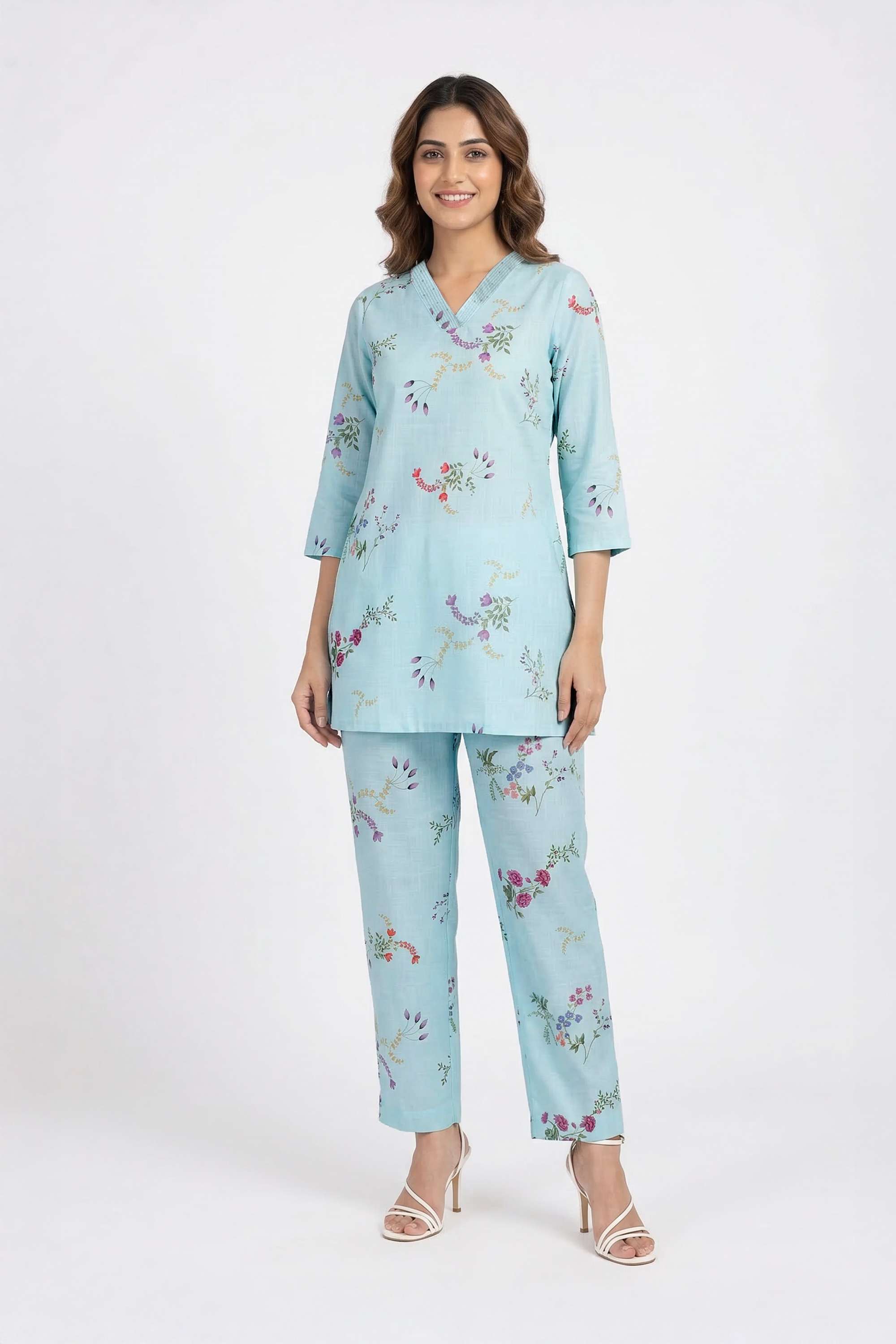 intune Printed Linen Blend Knee Length 3/4 Sleeves Woven Women Co-Ord Set-picture-26