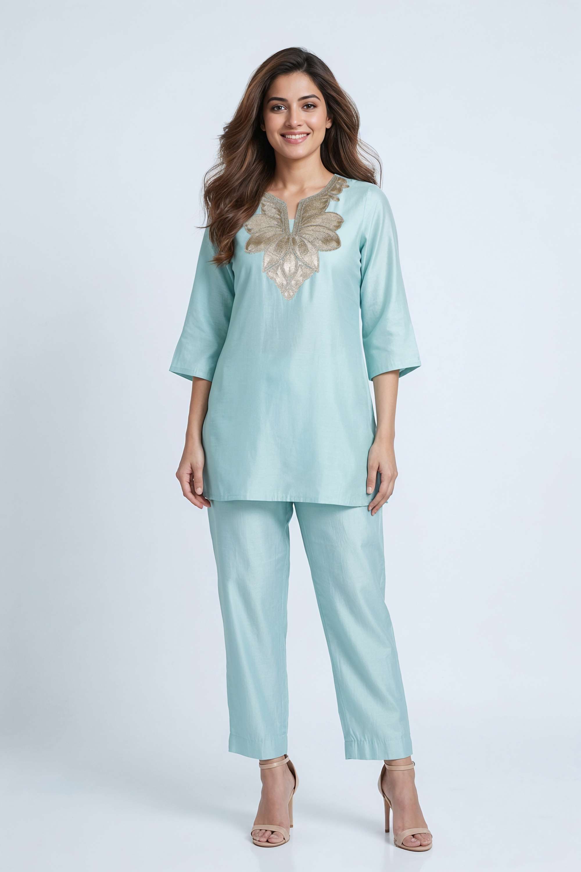 intune Embroidered Silk Knee Length 3/4 Sleeves Woven Women Co-Ord Set-picture-28