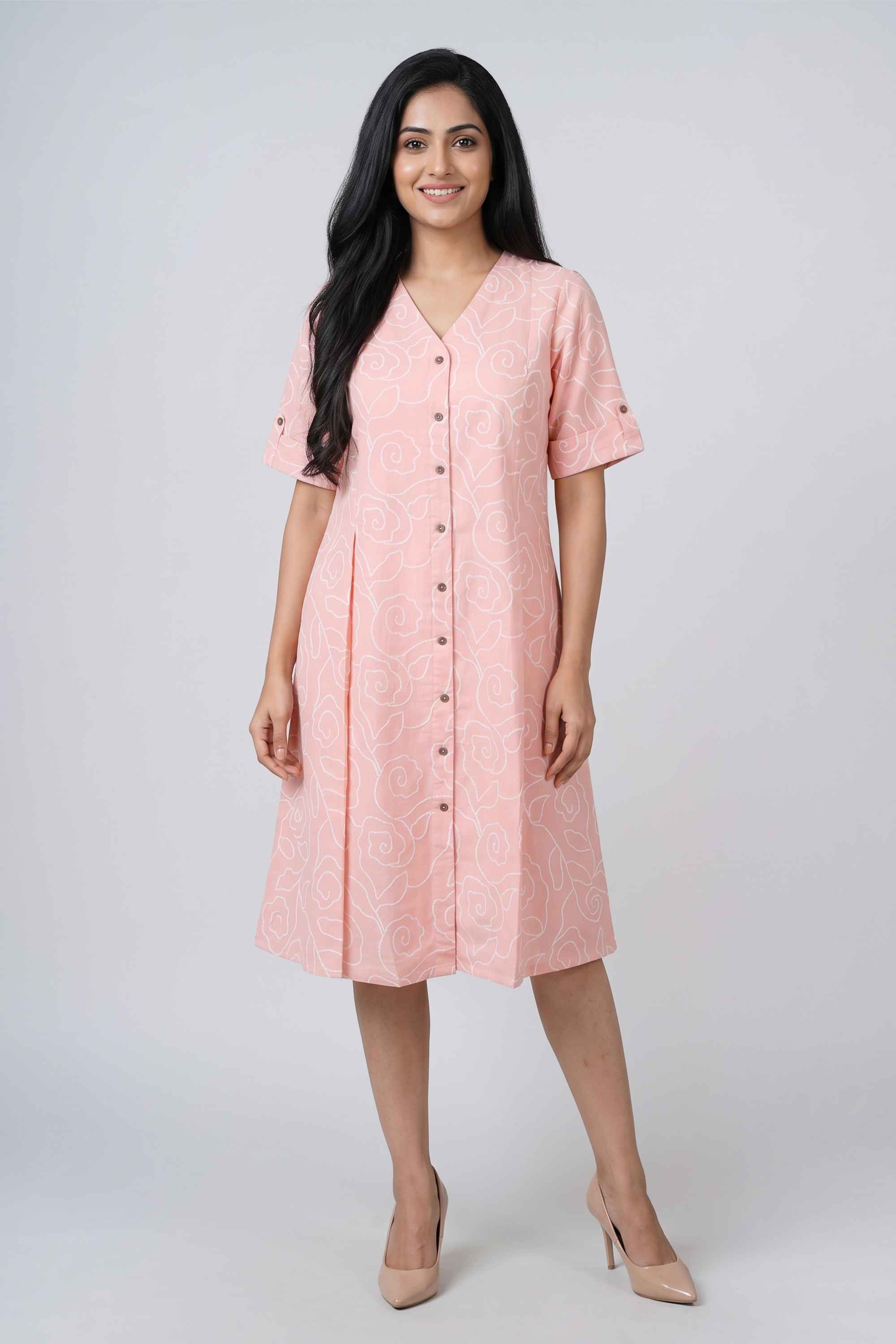intune Solid V-Neck Half Sleeves Cotton Blend Women Calf Length Dress-picture-14