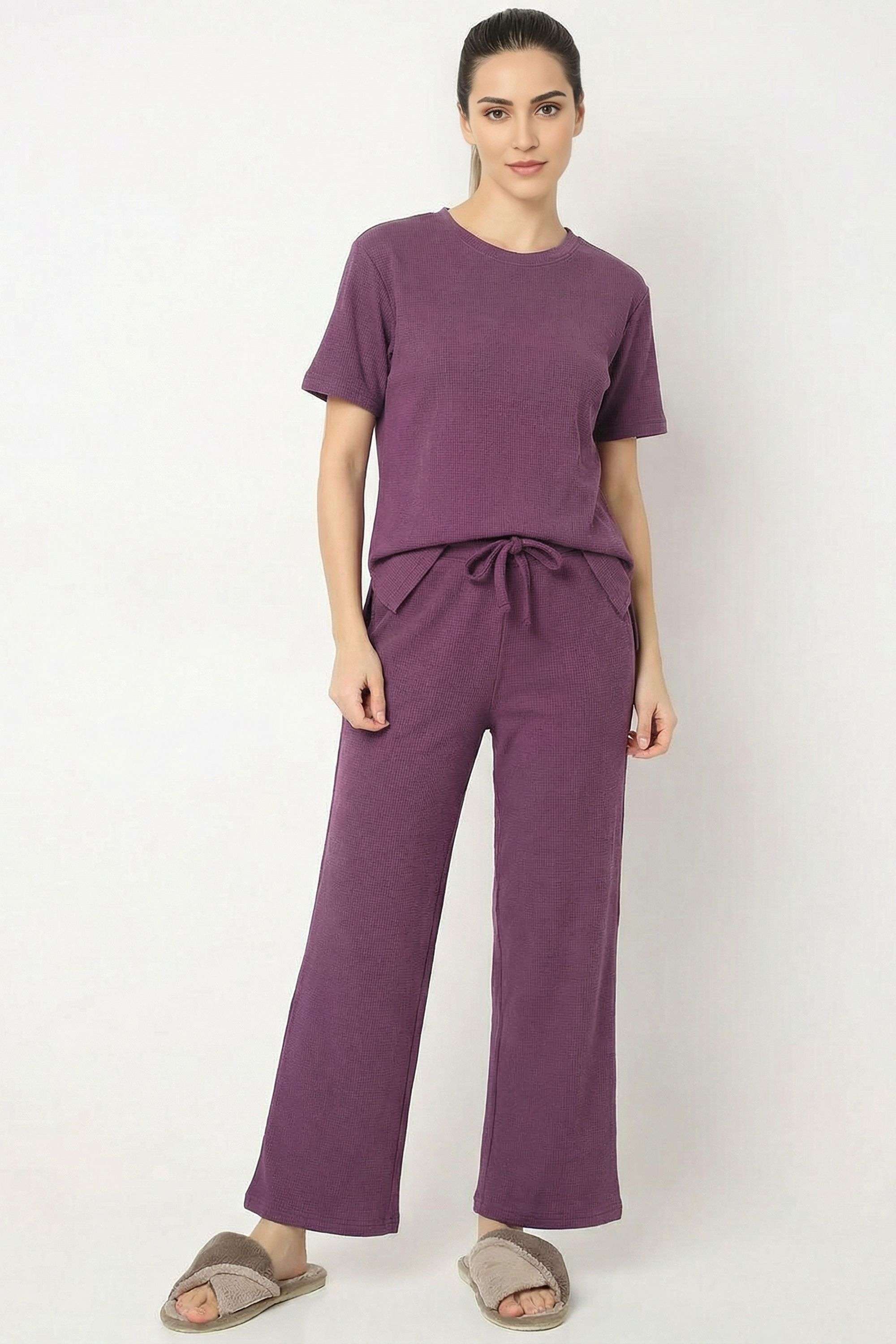 Solid-Round-Neck-Blended-Fabric-Women-s-Co-Ord-Set