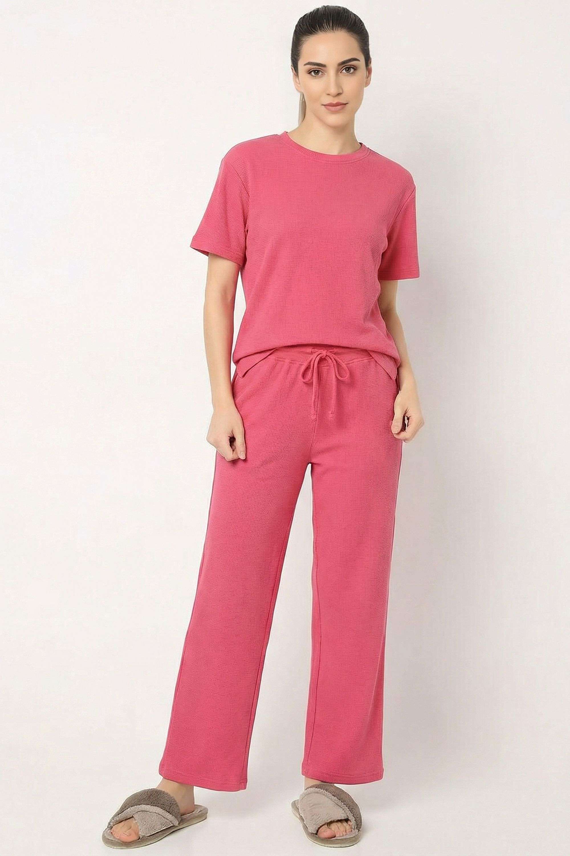 Solid-Round-Neck-Blended-Fabric-Women-s-Co-Ord-Set