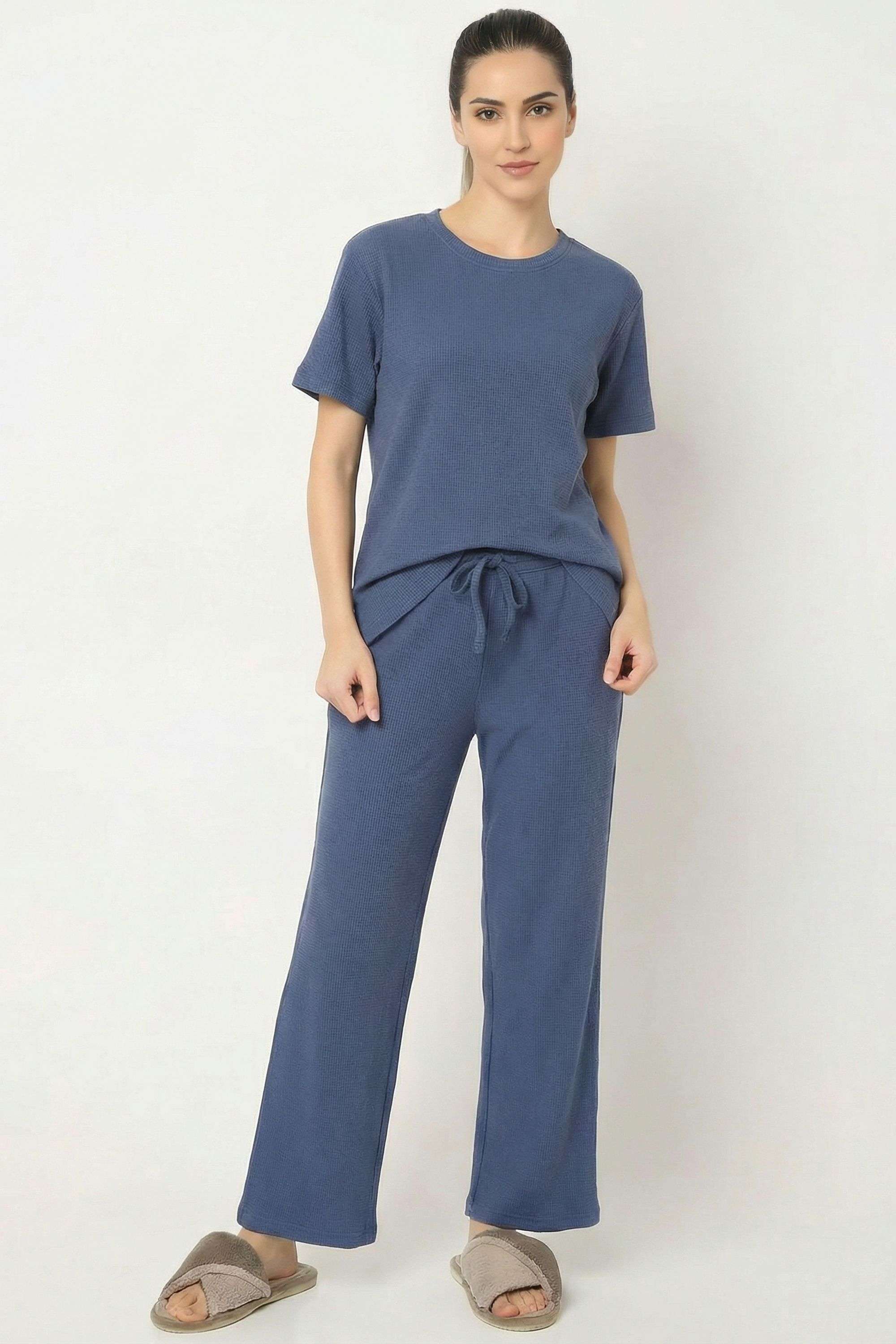 Solid-Round-Neck-Blended-Fabric-Women-s-Co-Ord-Set