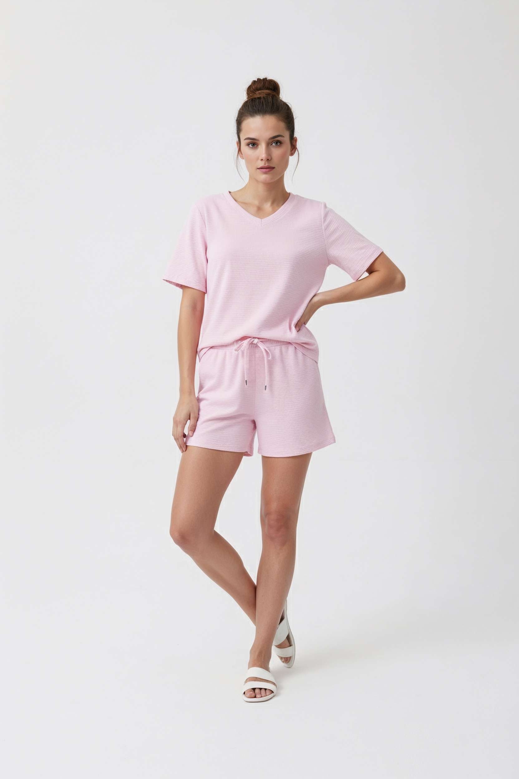 Textured-V-Neck-Blended-Fabric-Women-s-Co-Ord-Set
