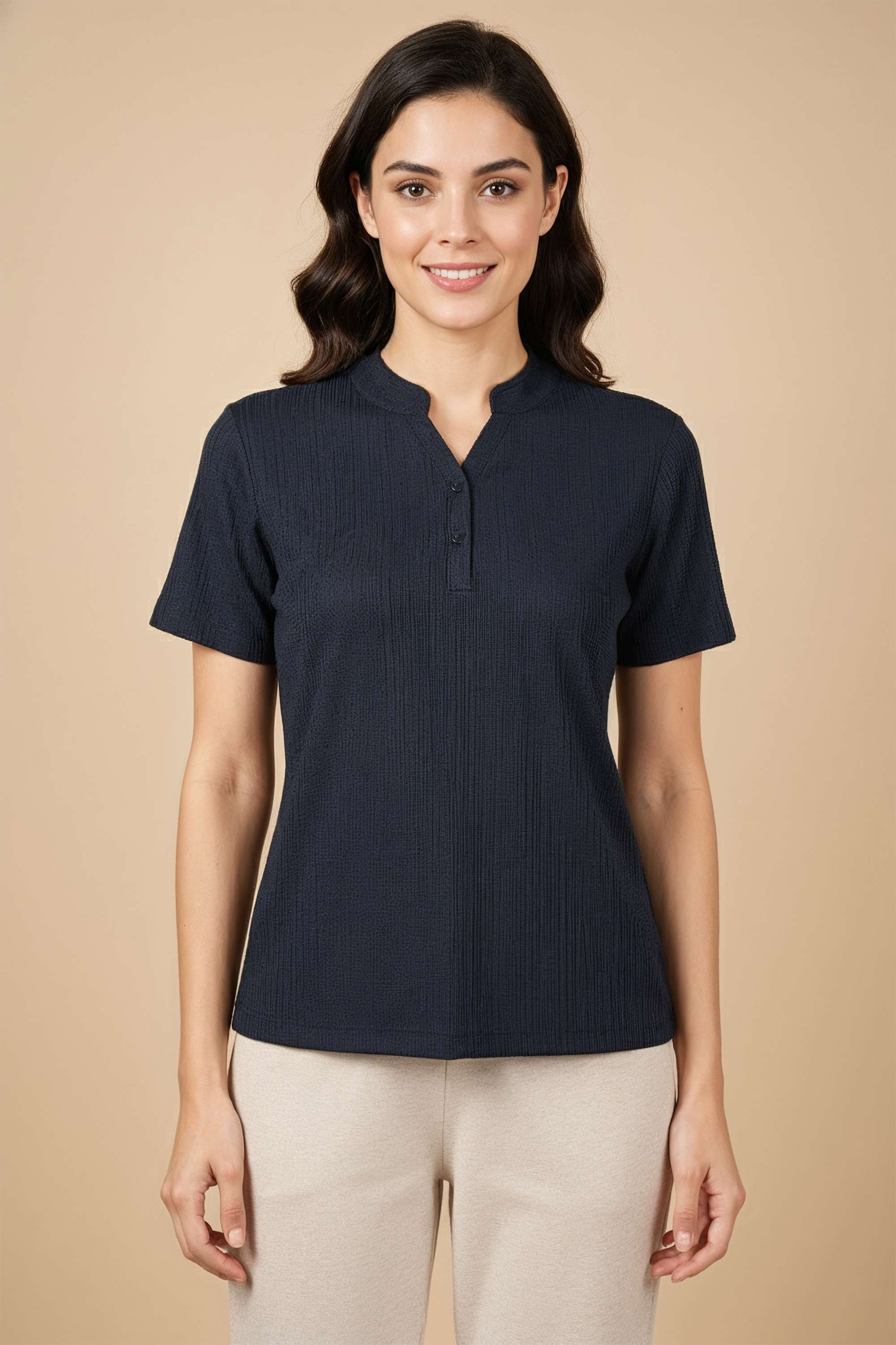 Solid-Polyester-Collared-Women-s-T-Shirt