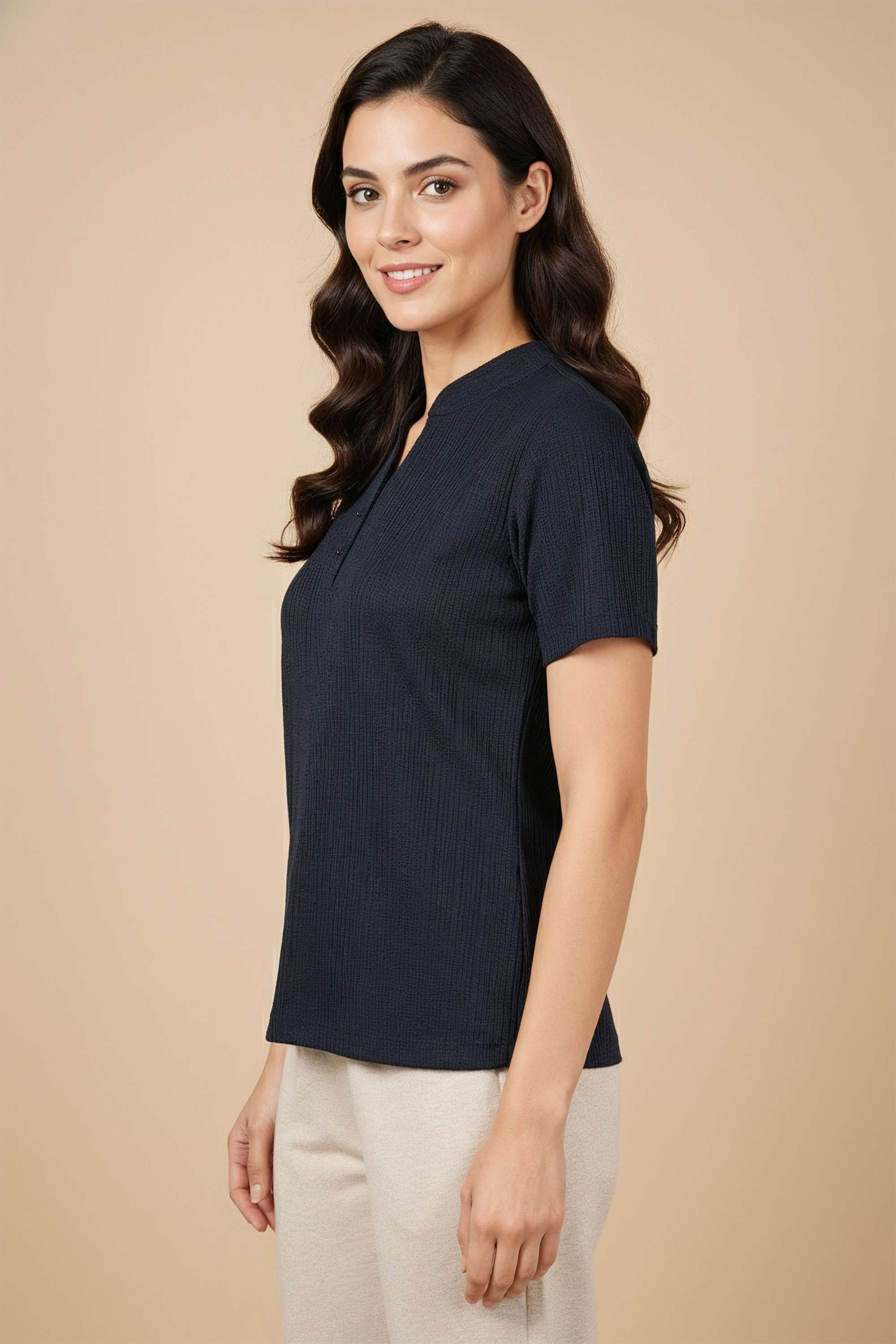 Solid-Polyester-Collared-Women-s-T-Shirt
