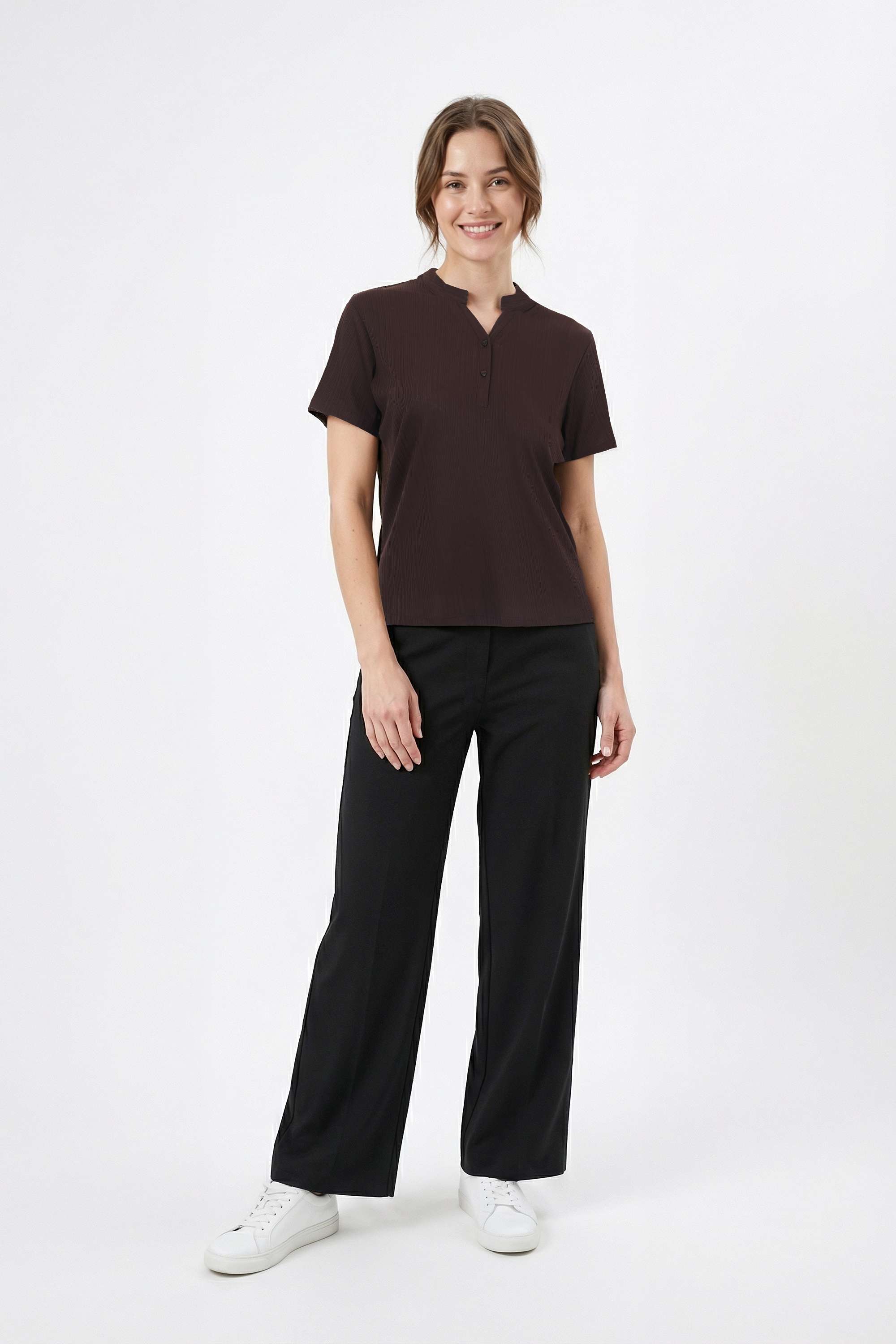 Solid-Regular-Fit-Blended-Fabric-Women-Athleisure-T-Shirt