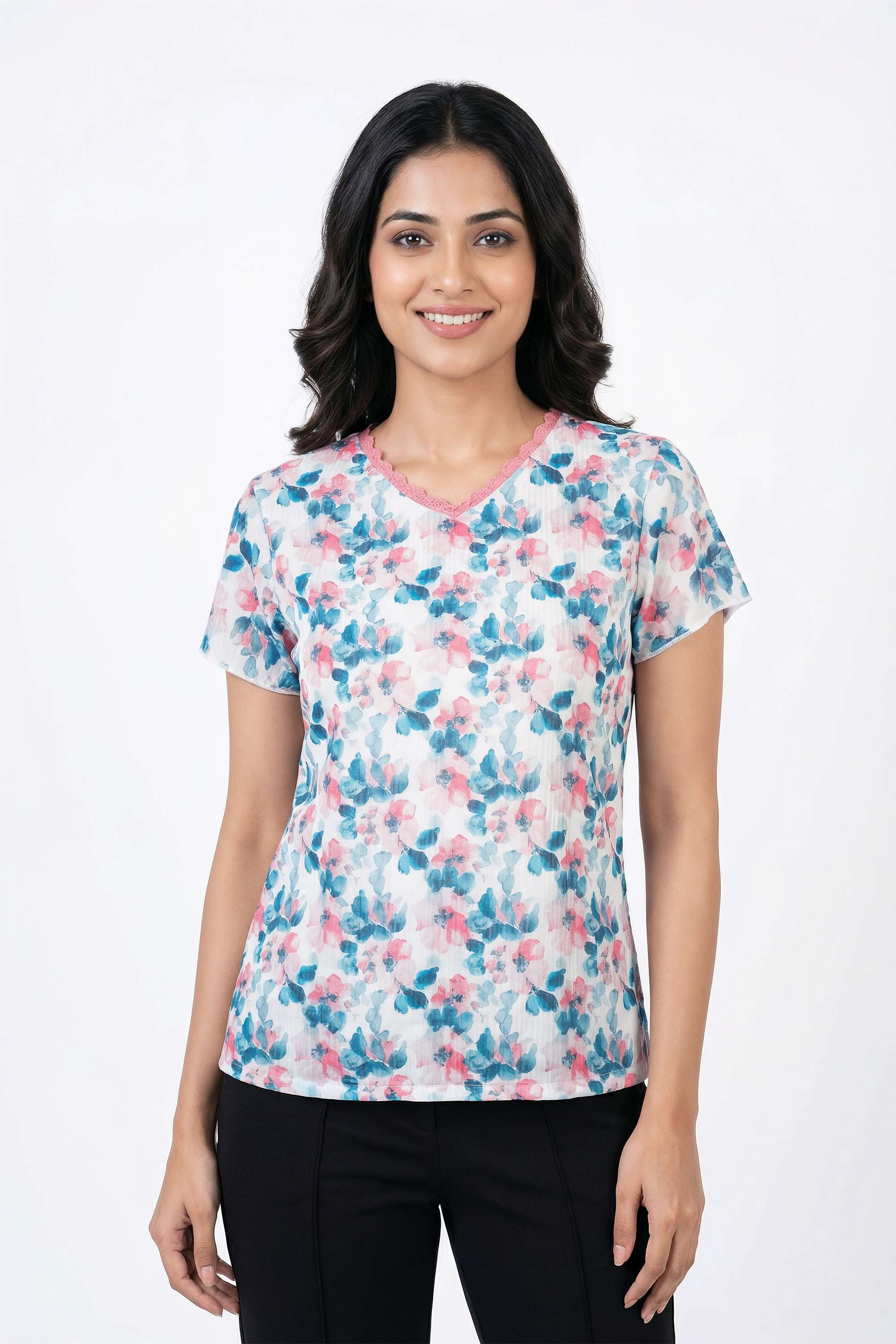 Floral-Blended-Fabric-V-Neck-Women-s-T-Shirt