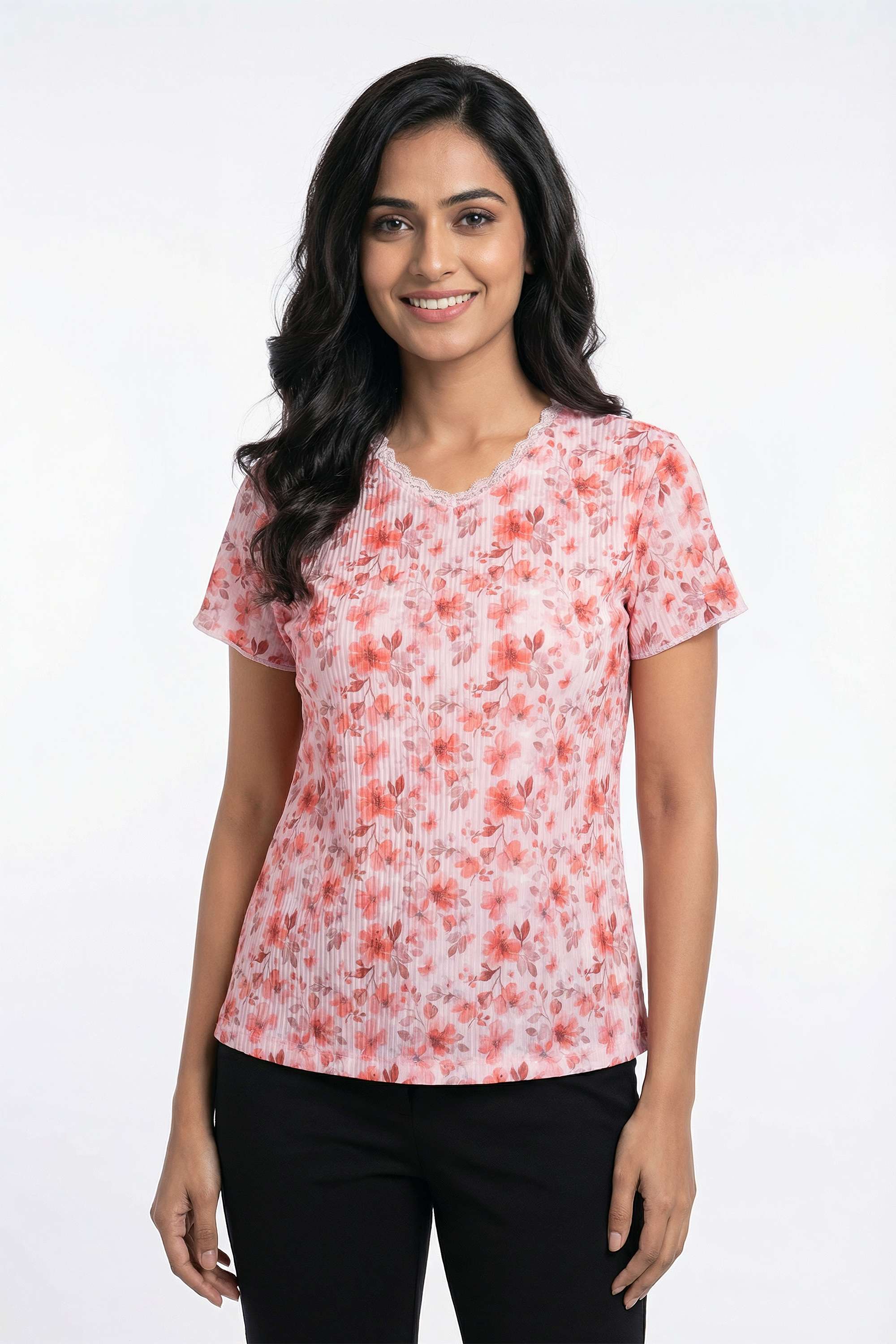 Printed-Blended-Fabric-V-Neck-Women-s-T-Shirt