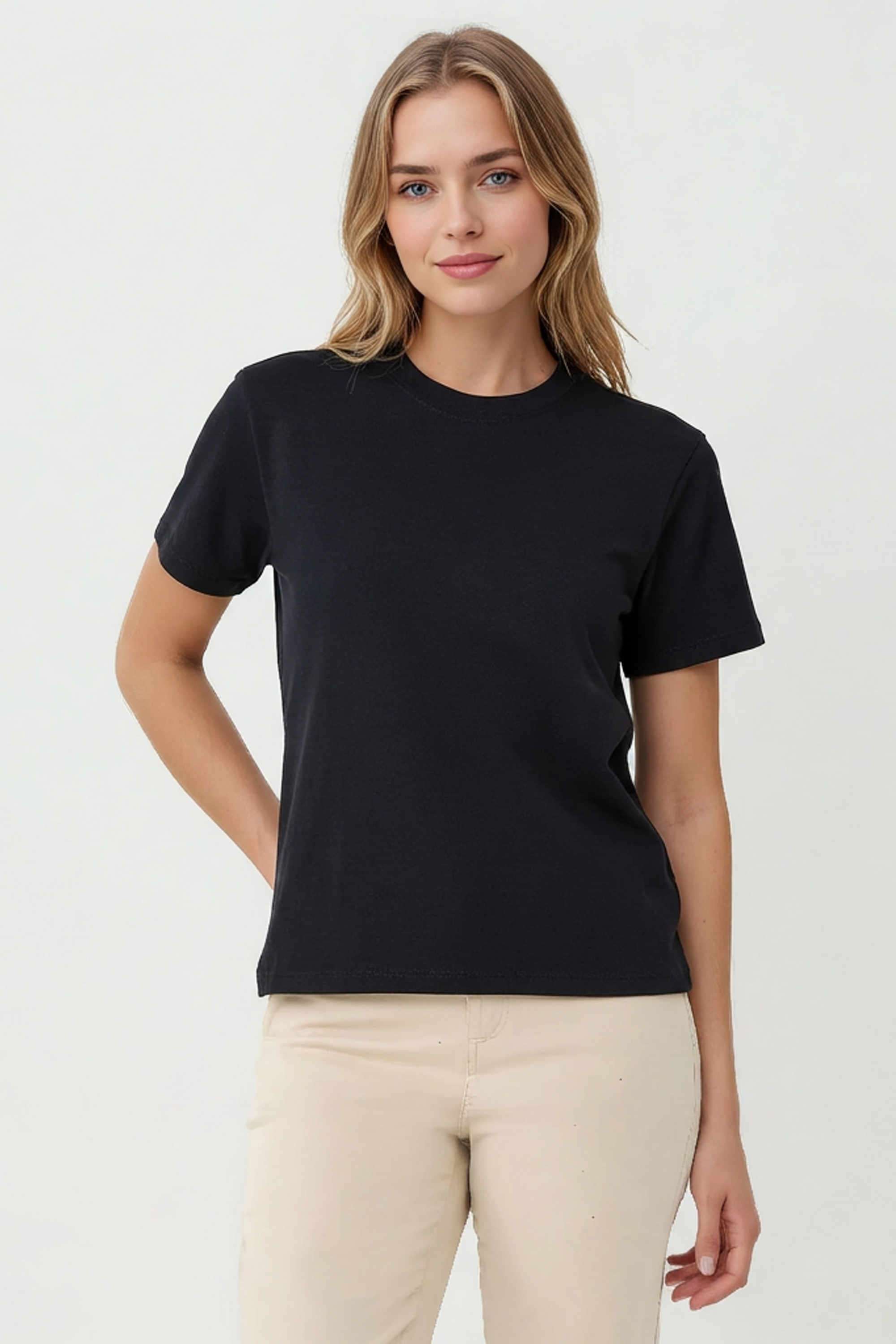 Solid-Cotton-Round-Neck-Women-s-T-Shirt