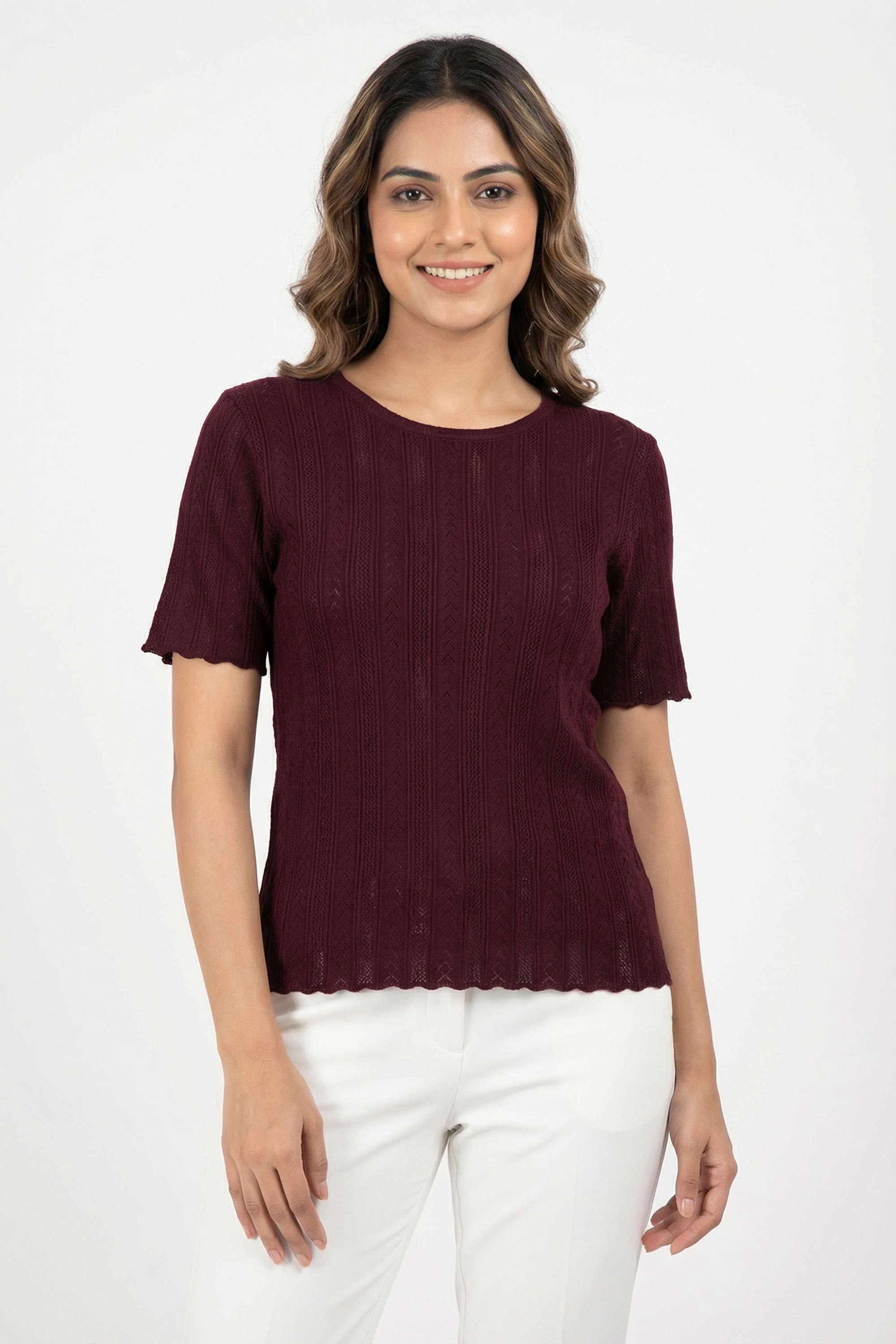 Solid-Polyester-Round-Neck-Women-s-T-Shirt