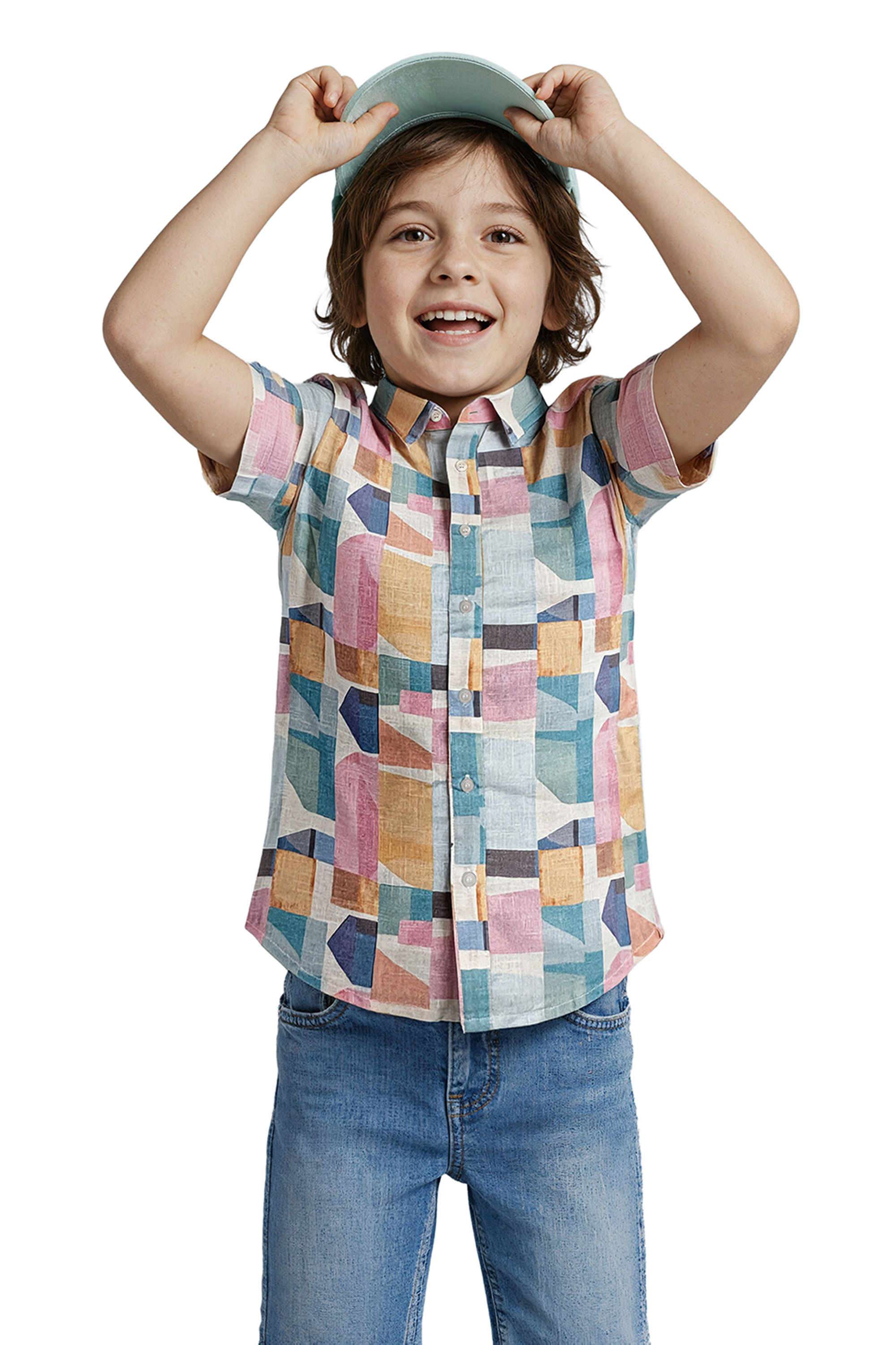 Geometric-Print-Blended-Fabric-Collared-Boys-Shirt