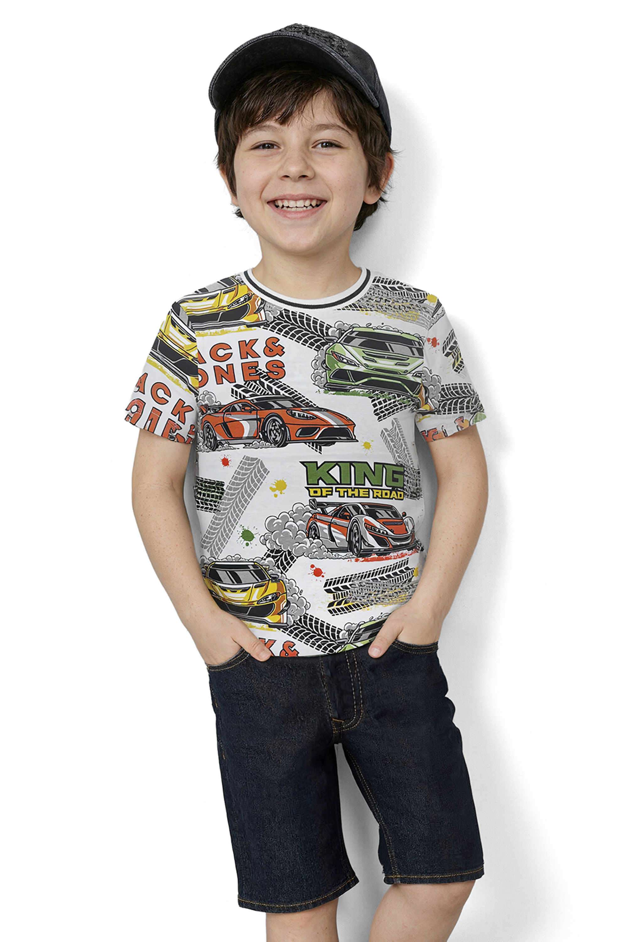 Graphic-Print-Blended-Fabric-Round-Neck-Boys-T-Shirt