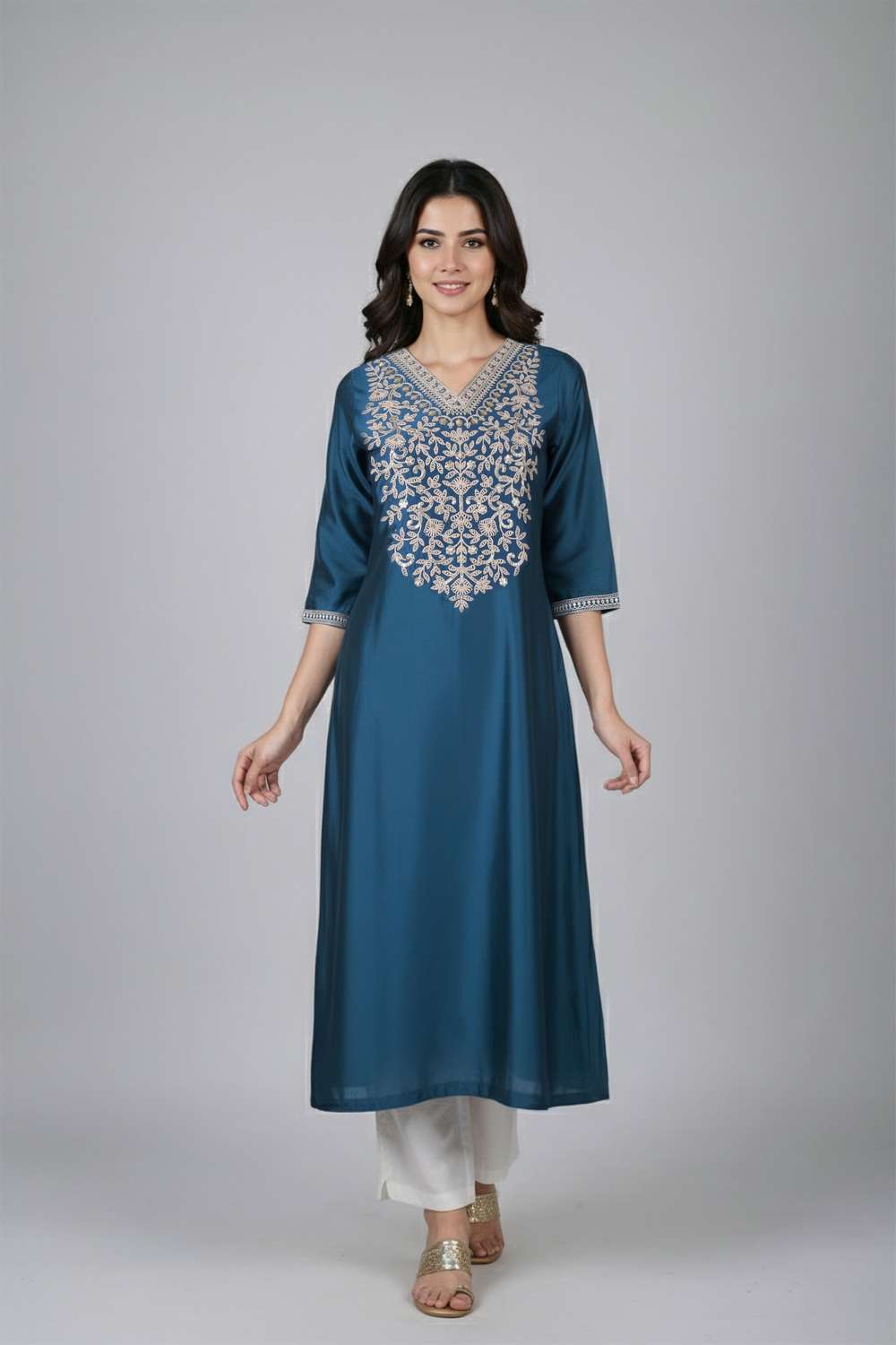 Embroidered-Blended-Fabric-Y-Neck-Women-s-Casual-Wear-Kurta