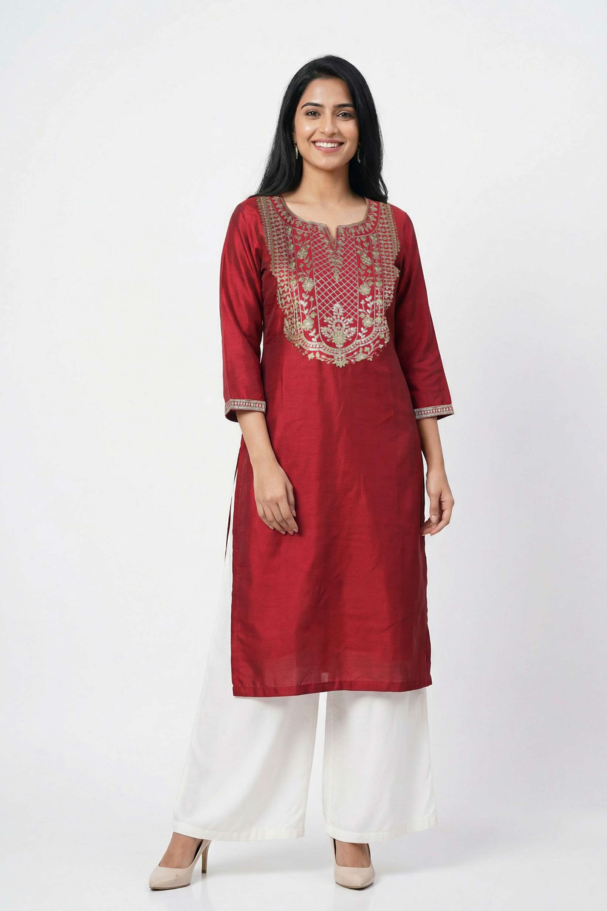 Embroidered-Blended-Fabric-Y-Neck-Women-s-Casual-Wear-Kurta