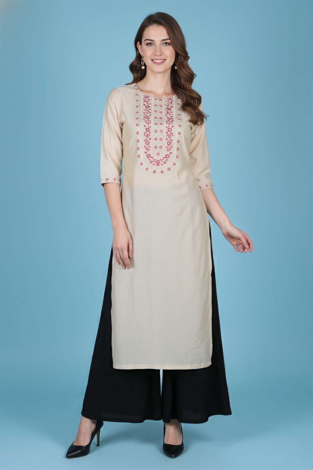 Embroidered-Blended-Fabric-Round-Neck-Women-s-Casual-Wear-Kurta