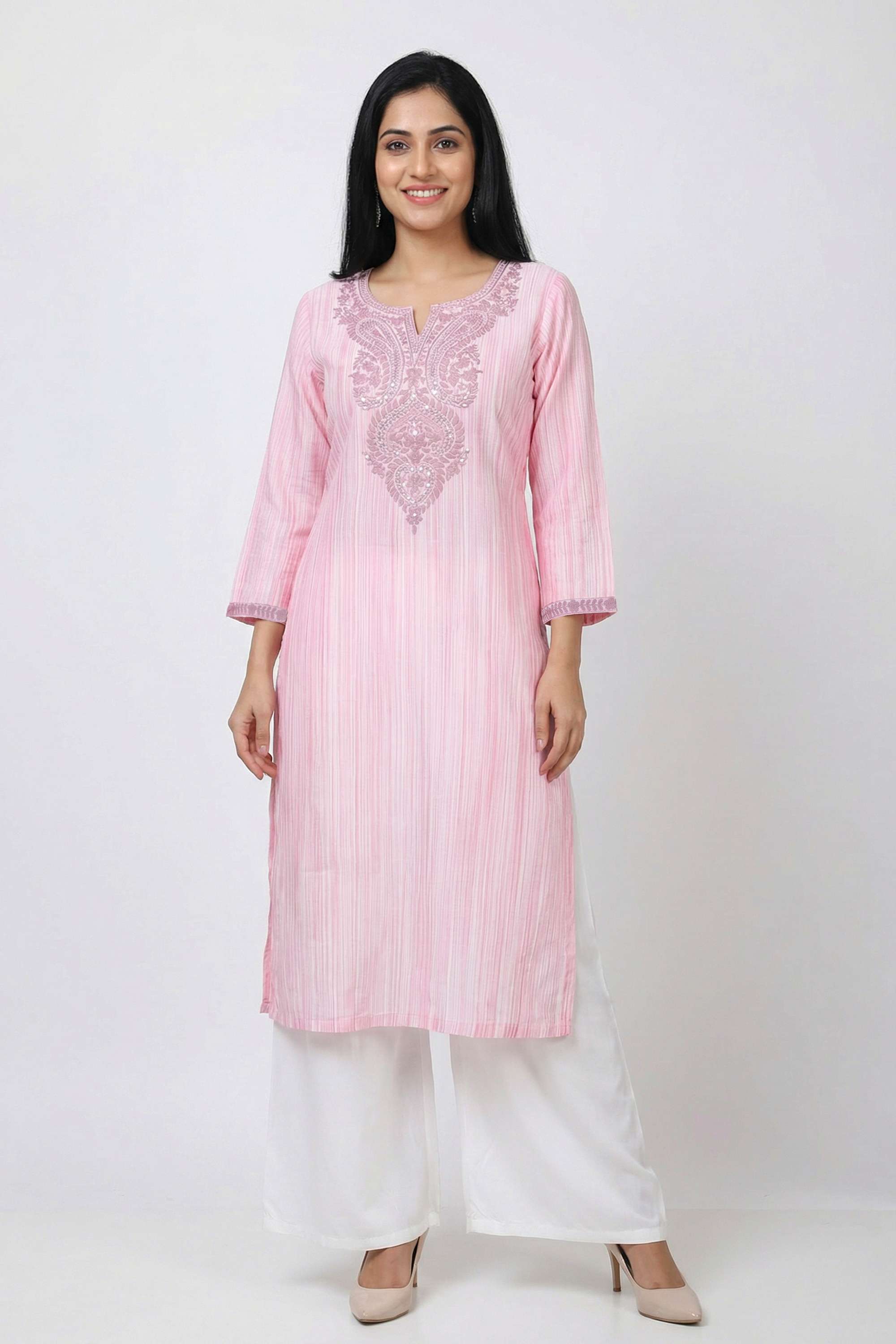 Embroidered-Blended-Fabric-Y-Neck-Women-s-Casual-Wear-Kurta