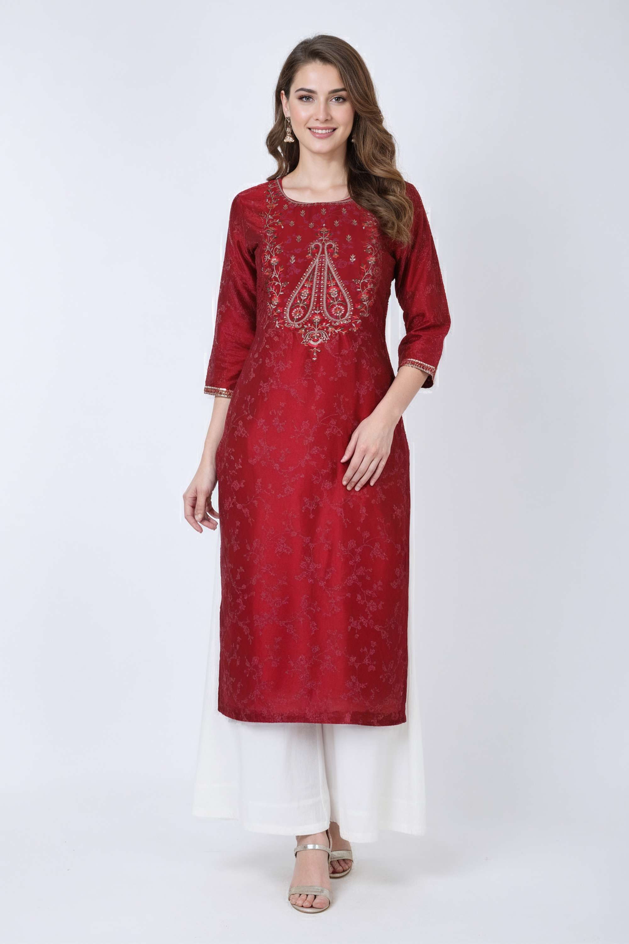 Embroidered-Blended-Fabric-Round-Neck-Women-s-Casual-Wear-Kurta
