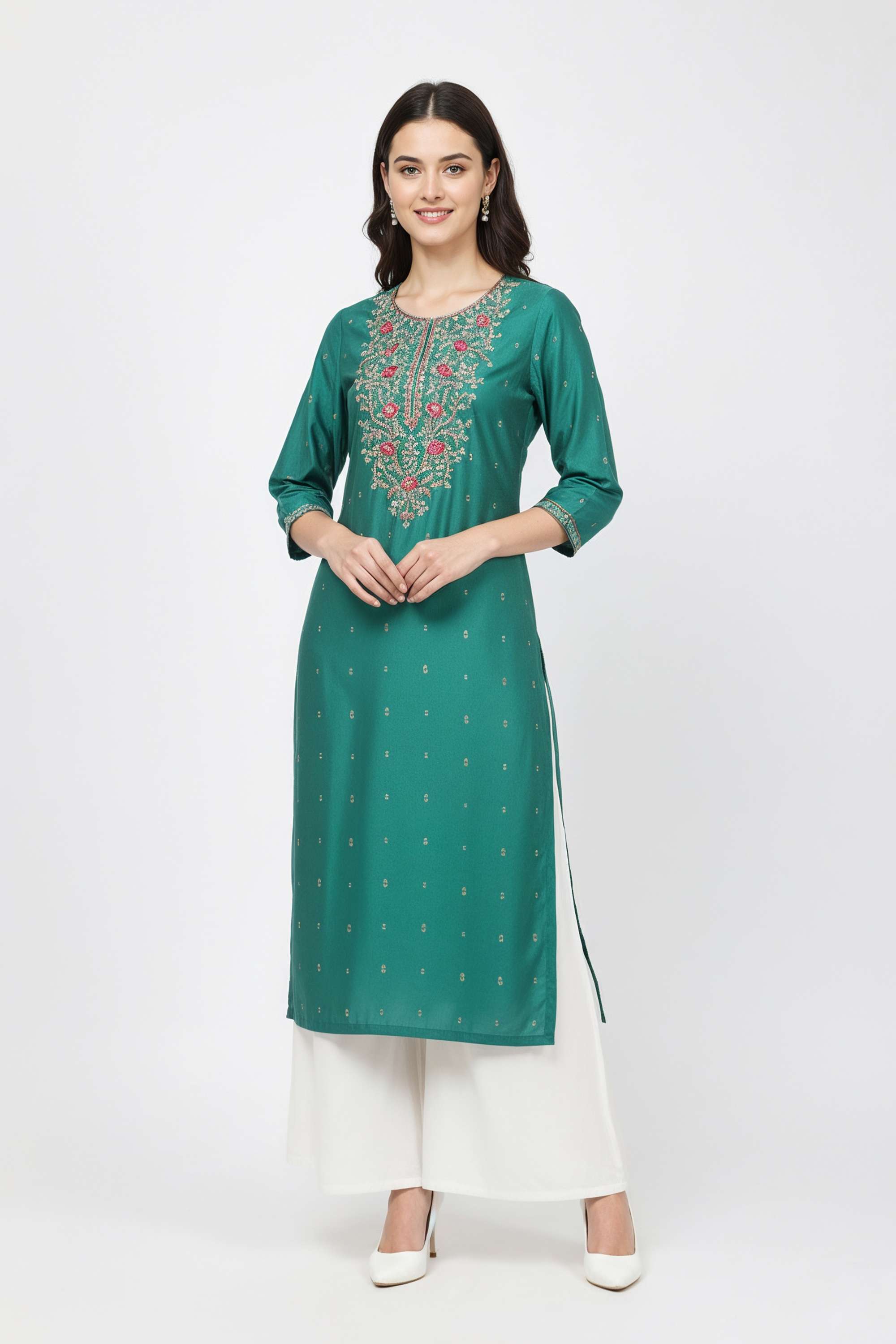Embroidered-Blended-Fabric-Round-Neck-Women-s-Casual-Wear-Kurta