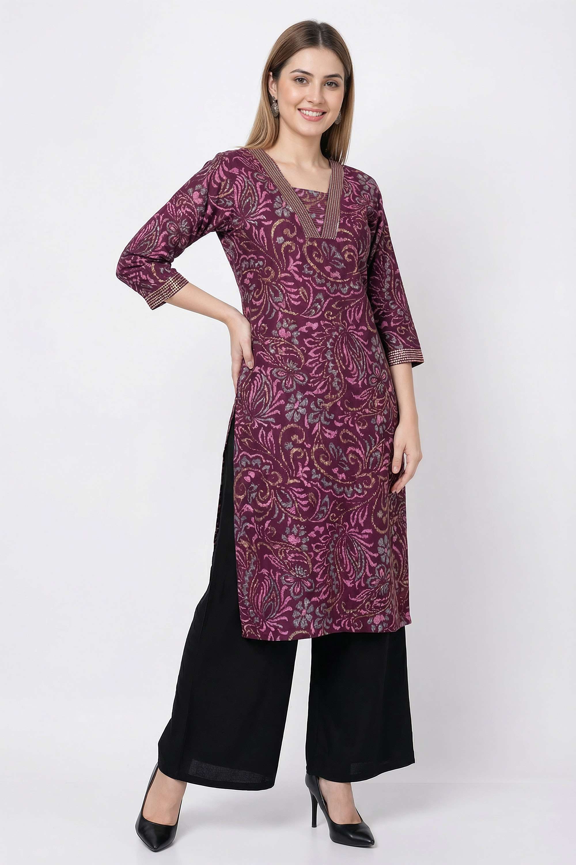 Embroidered-Blended-Fabric-Y-Neck-Women-s-Casual-Wear-Kurta