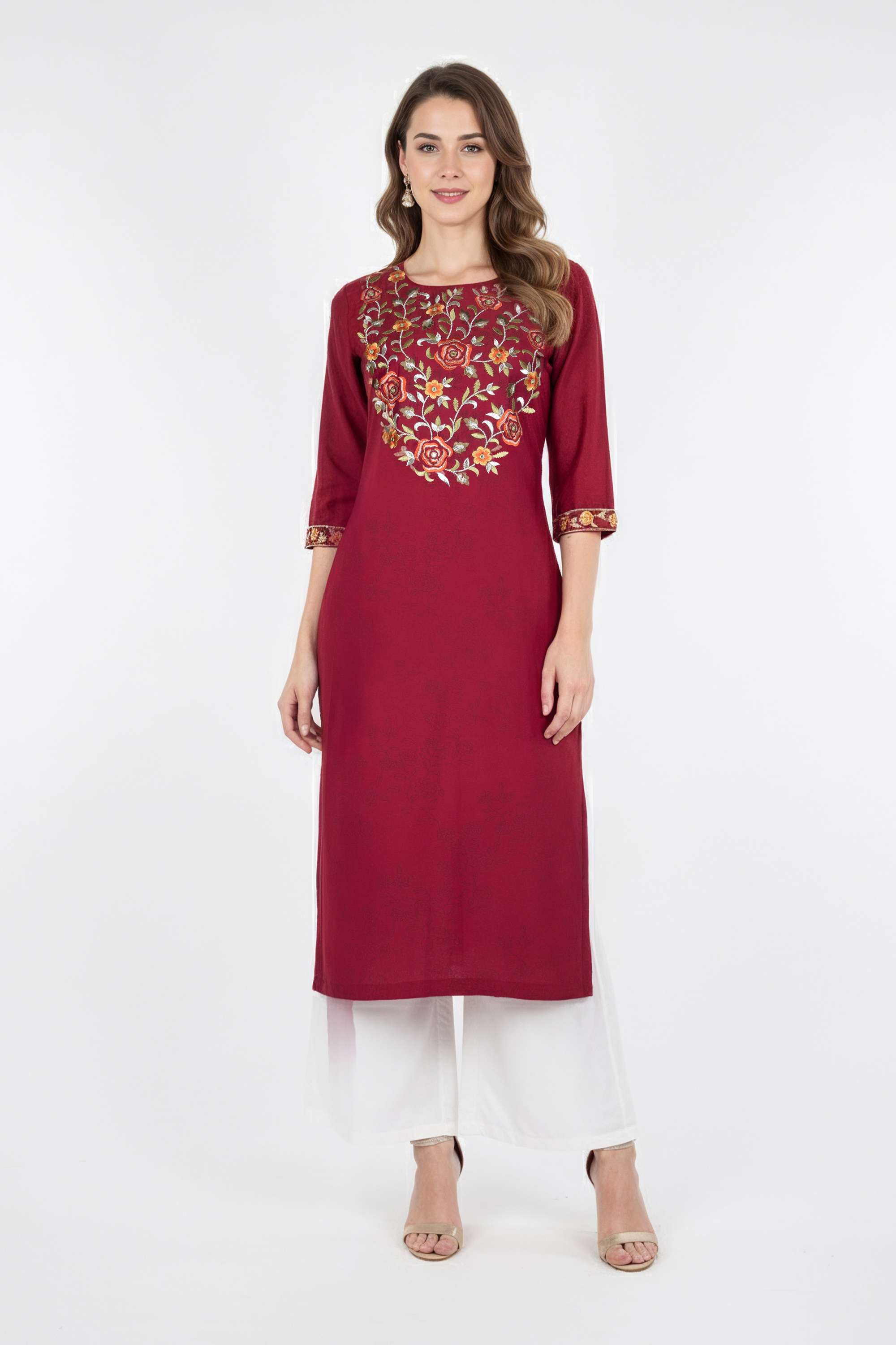Embroidered-Blended-Fabric-Round-Neck-Women-s-Casual-Wear-Kurta