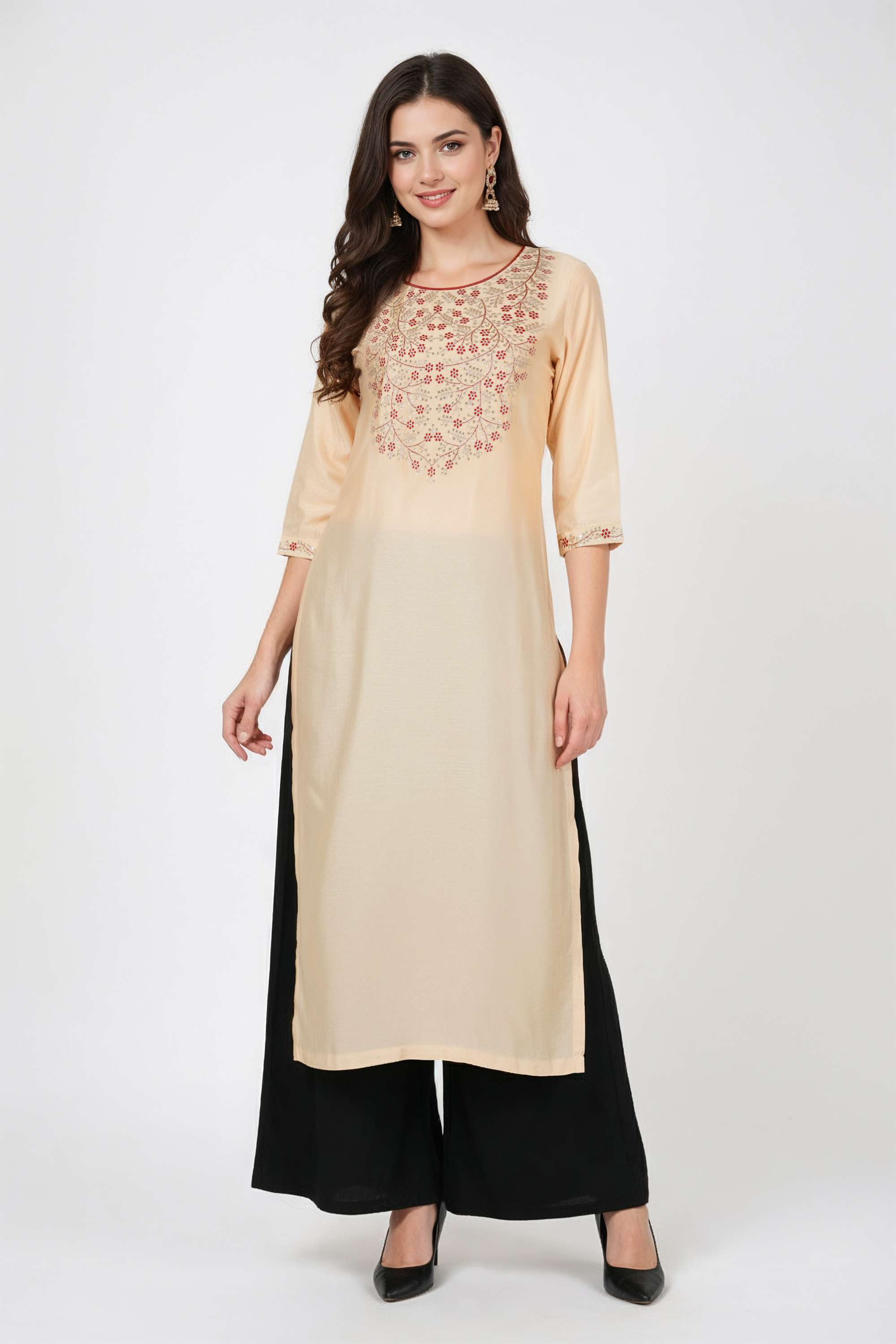 Embroidered-Blended-Fabric-Round-Neck-Women-s-Casual-Wear-Kurta