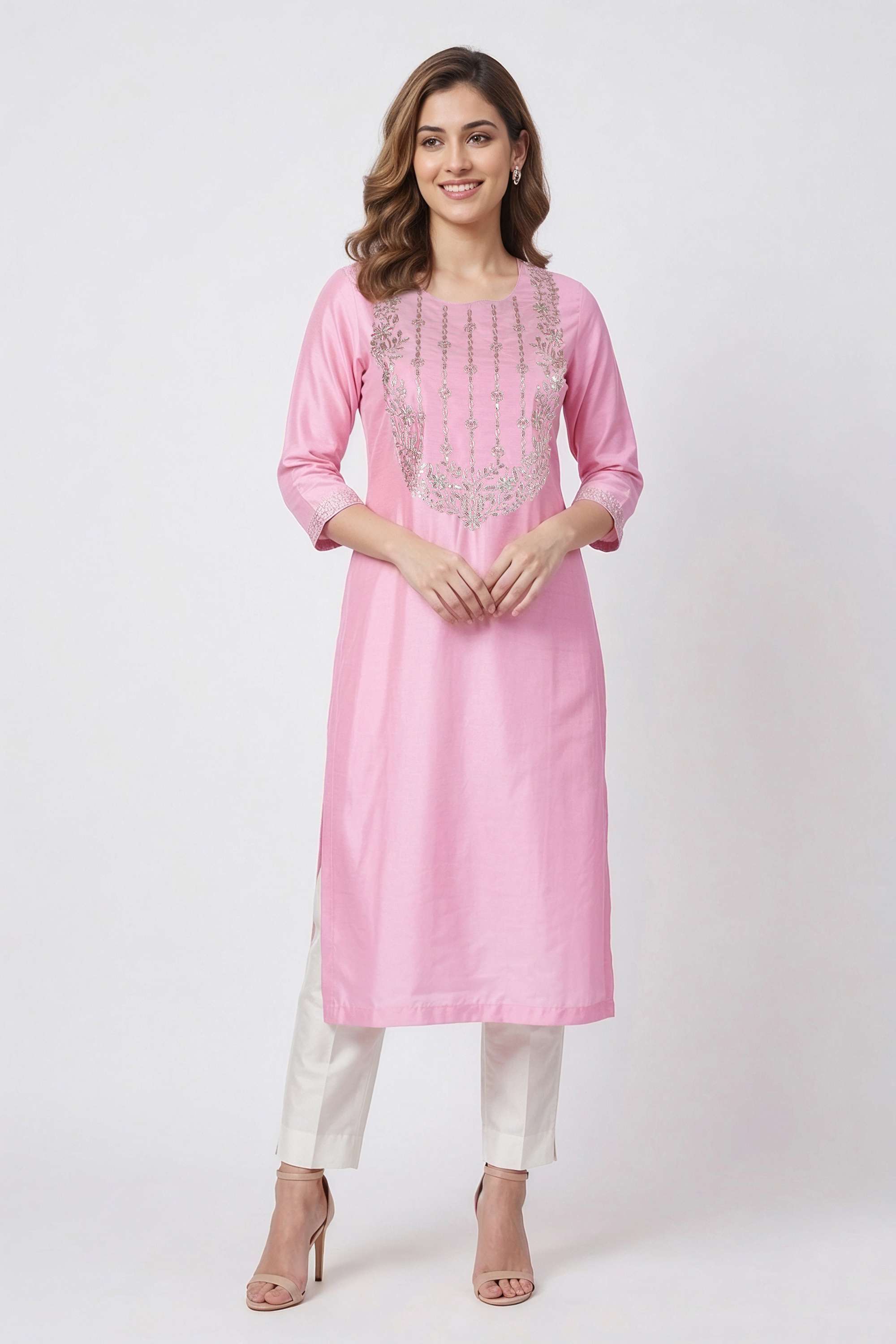 Embroidered-Blended-Fabric-Round-Neck-Women-Kurta