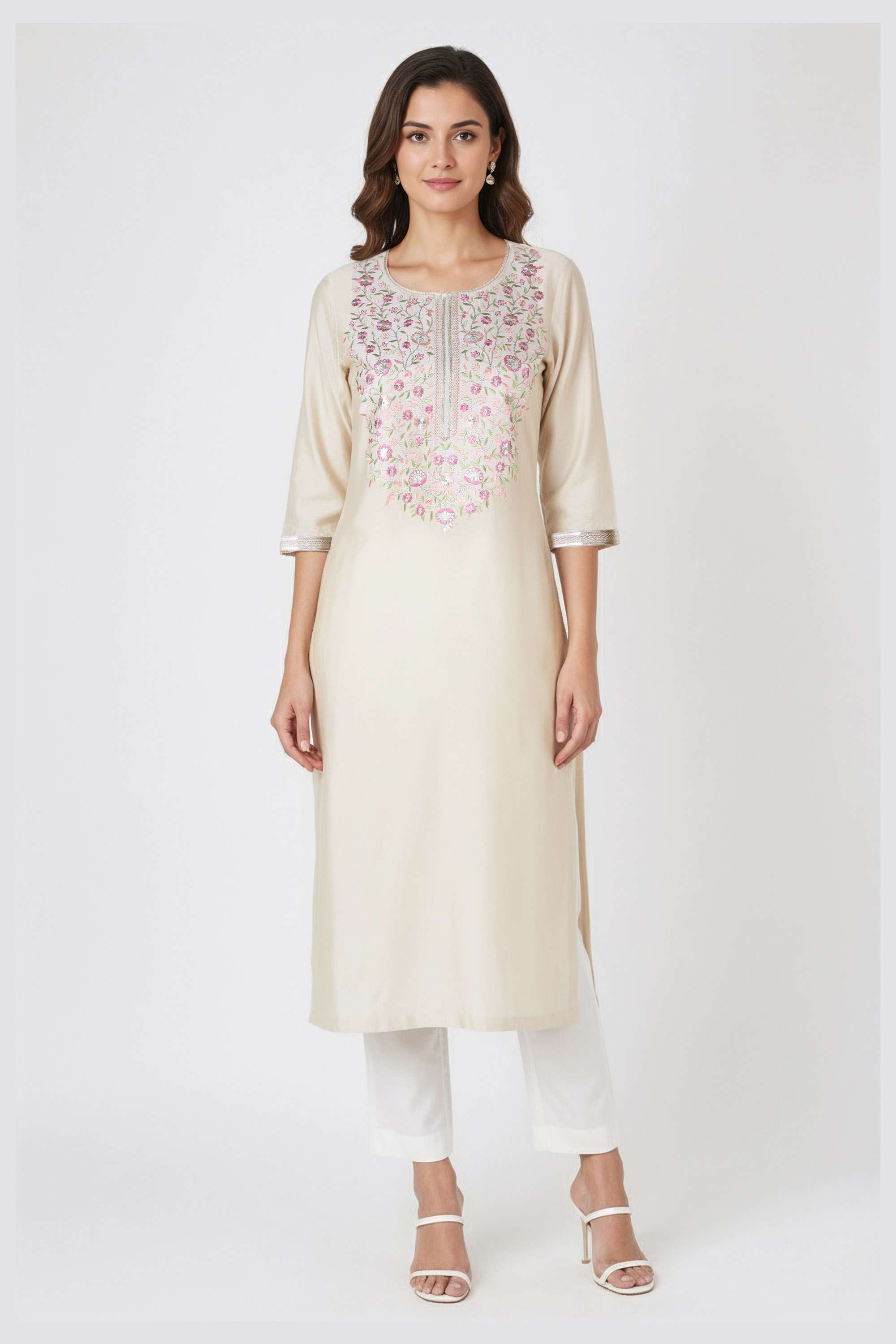 Embroidered-Blended-Fabric-Round-Neck-Women-Kurta