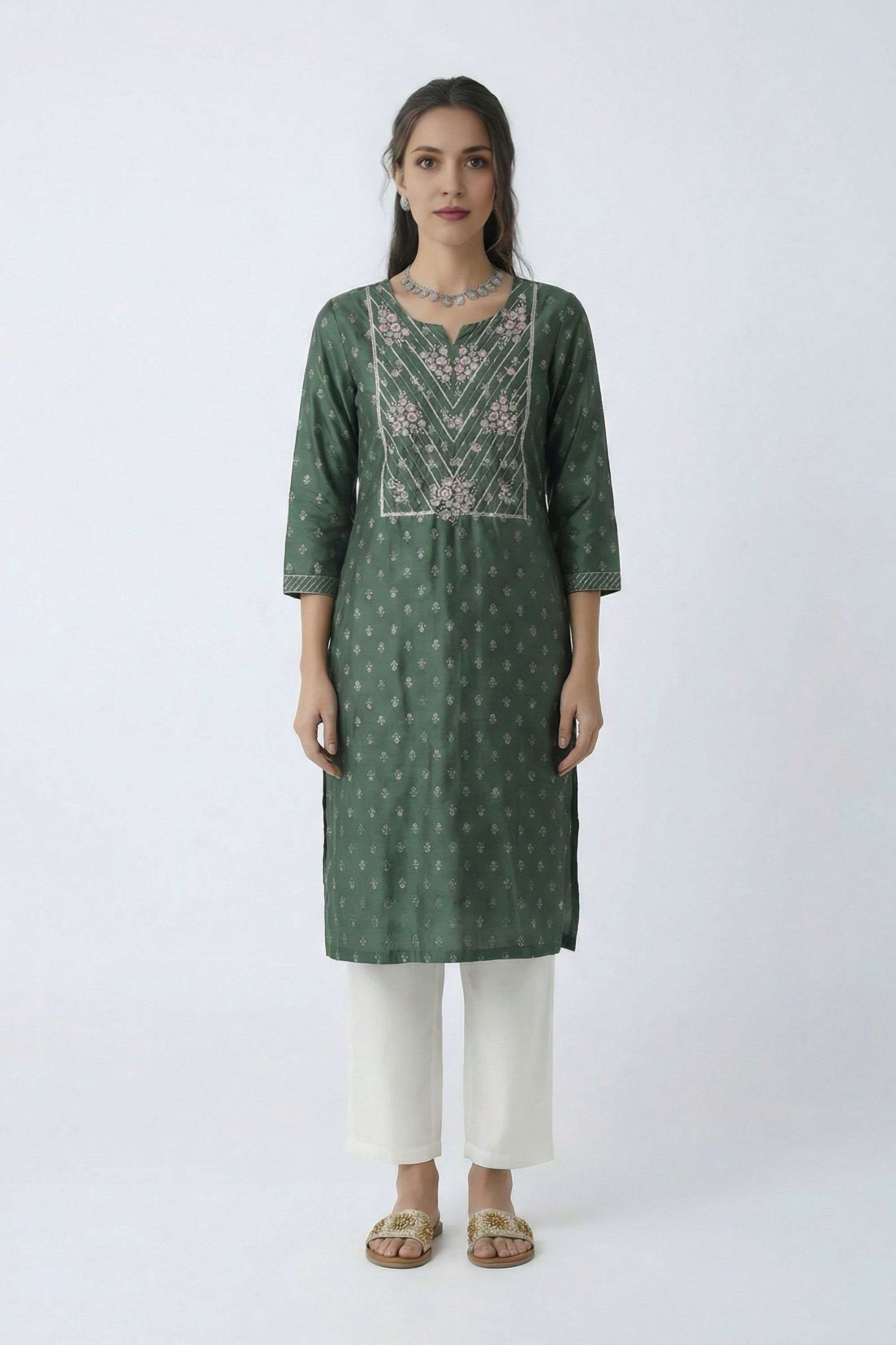 Embroidered-Blended-Fabric-Y-Neck-Women-s-Casual-Wear-Kurta