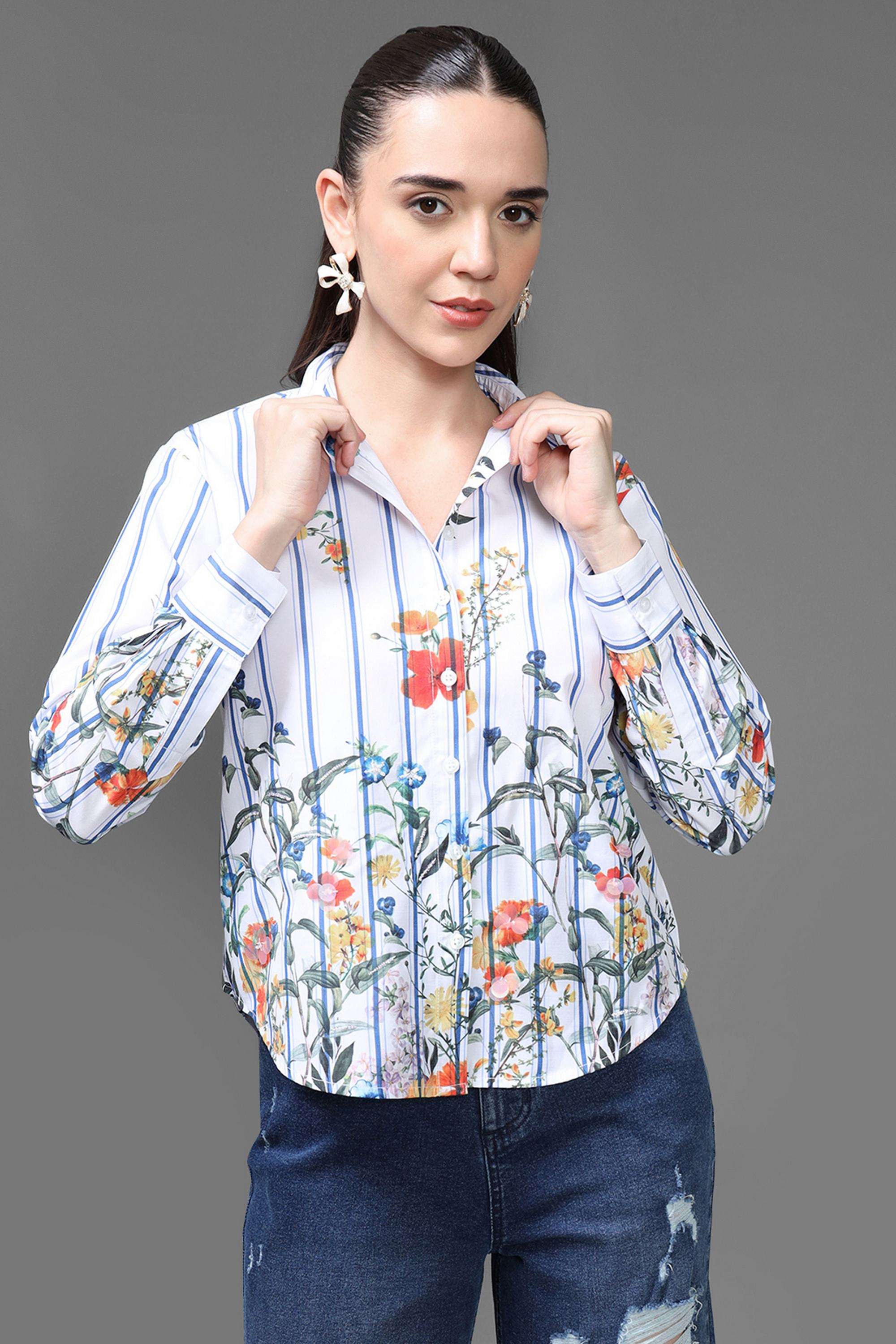 Stripes-Collared-Polyester-Women-s-Party-Wear-Shirt