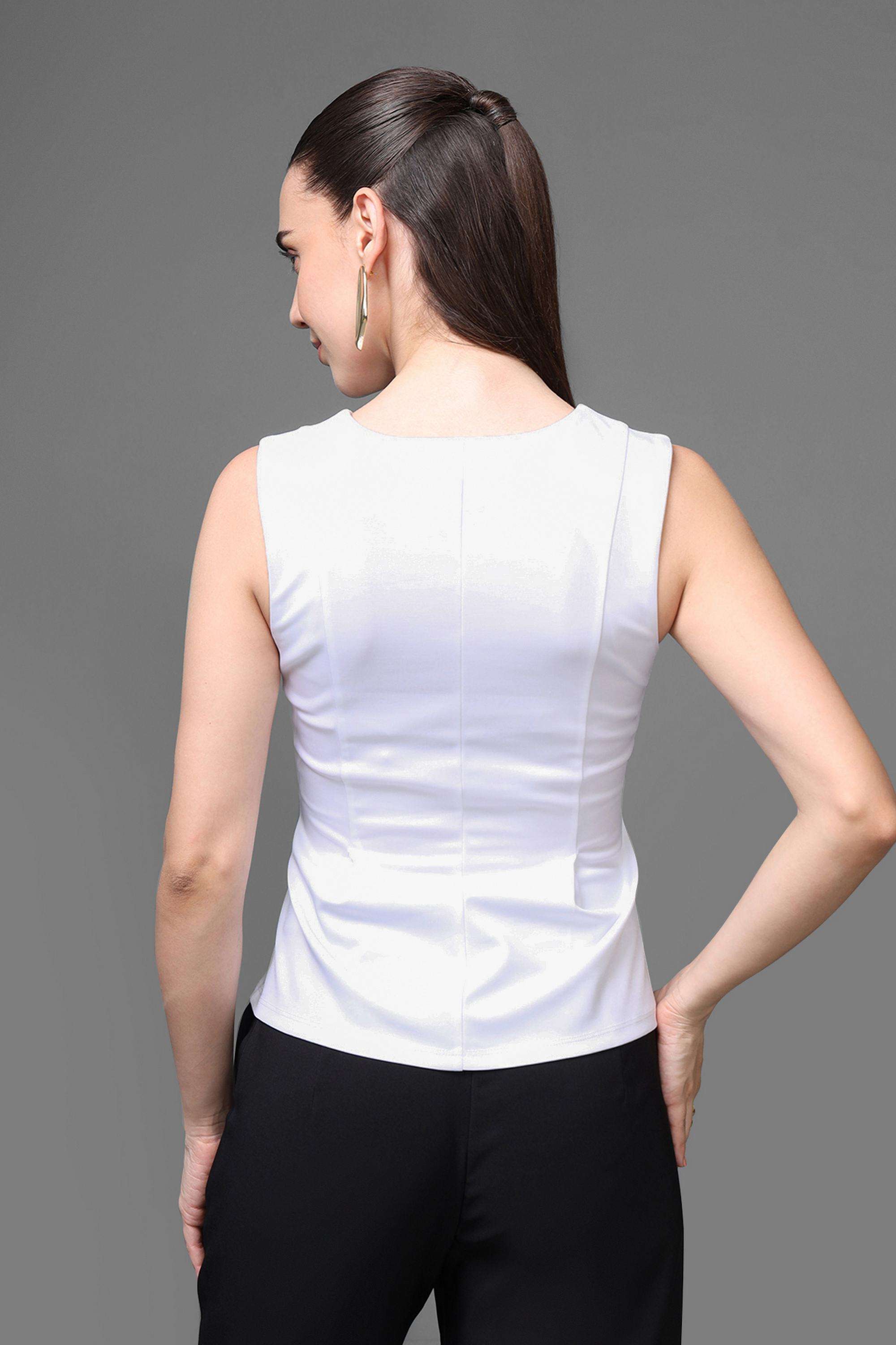 Solid-Polyester-High-Neck-Women-s-Top