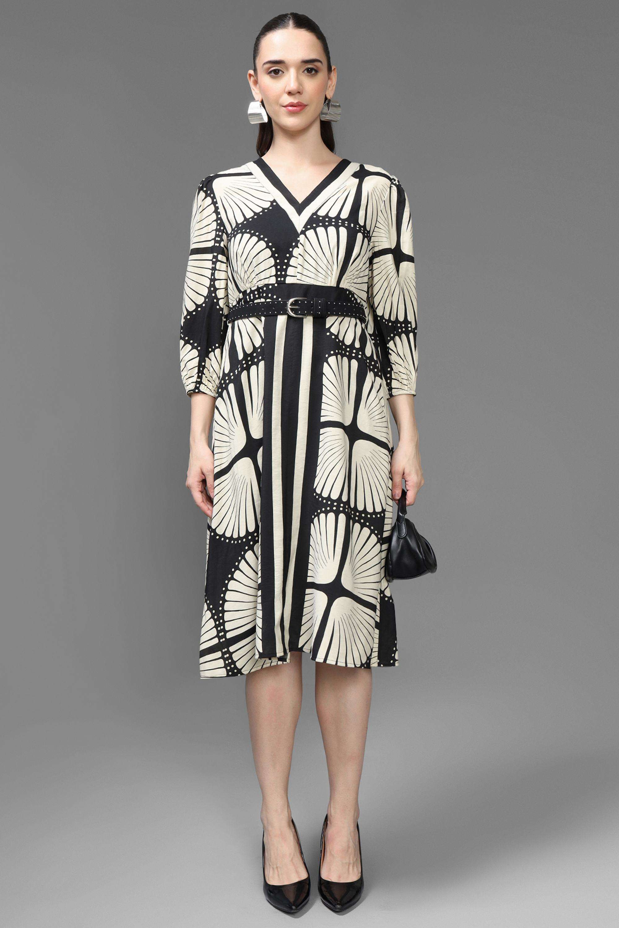 Geometric-Print-V-Neck-Viscose-Women-s-Dress